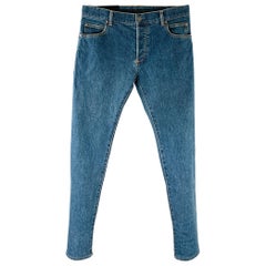 BALMAIN Size 32 Blue Contrast Stitch Cotton Blend Skinny Button Fly Jeans