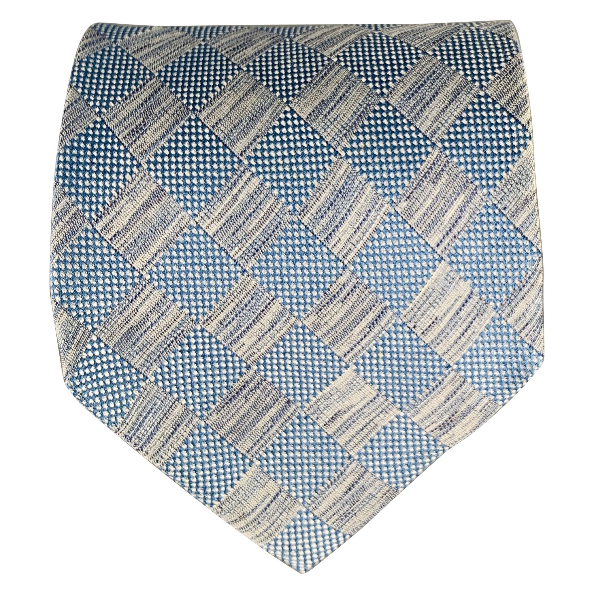 ERMENEGILDO ZEGNA Blue Checkered Silk Linen Jacquard Tie