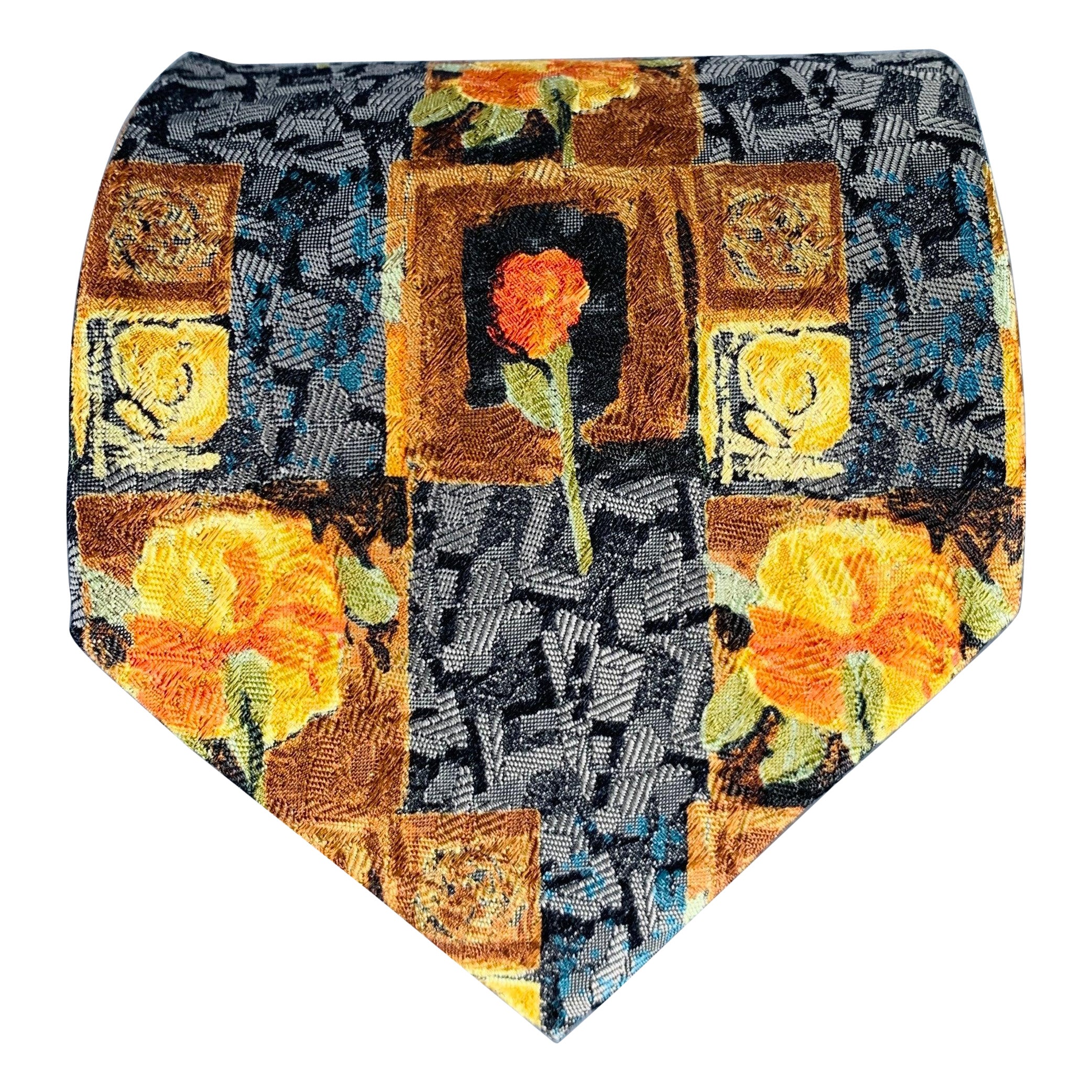 ERMENEGILDO ZEGNA Grau-Gelb Abstrakt Floral Seidenkrawatte im Angebot