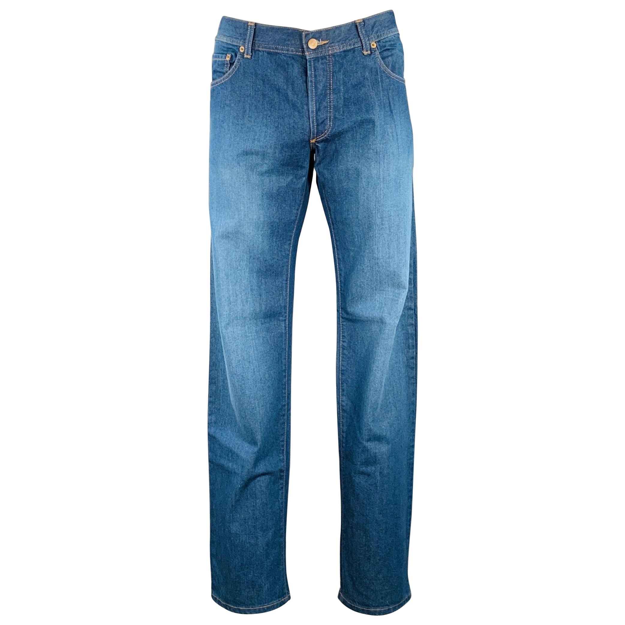 MISSONI Size 39 Blue Contrast Stitch Cotton Straight Five Pockets Jeans For Sale