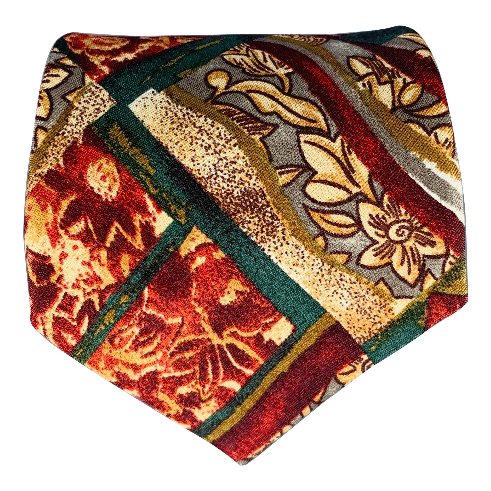 ERMENEGILDO ZEGNA Burgundy Green Abstract Silk Tie For Sale