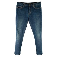 SAINT LAURENT Taglia 30 Jeans dritti in misto cotone con cuciture a contrasto di colore blu
