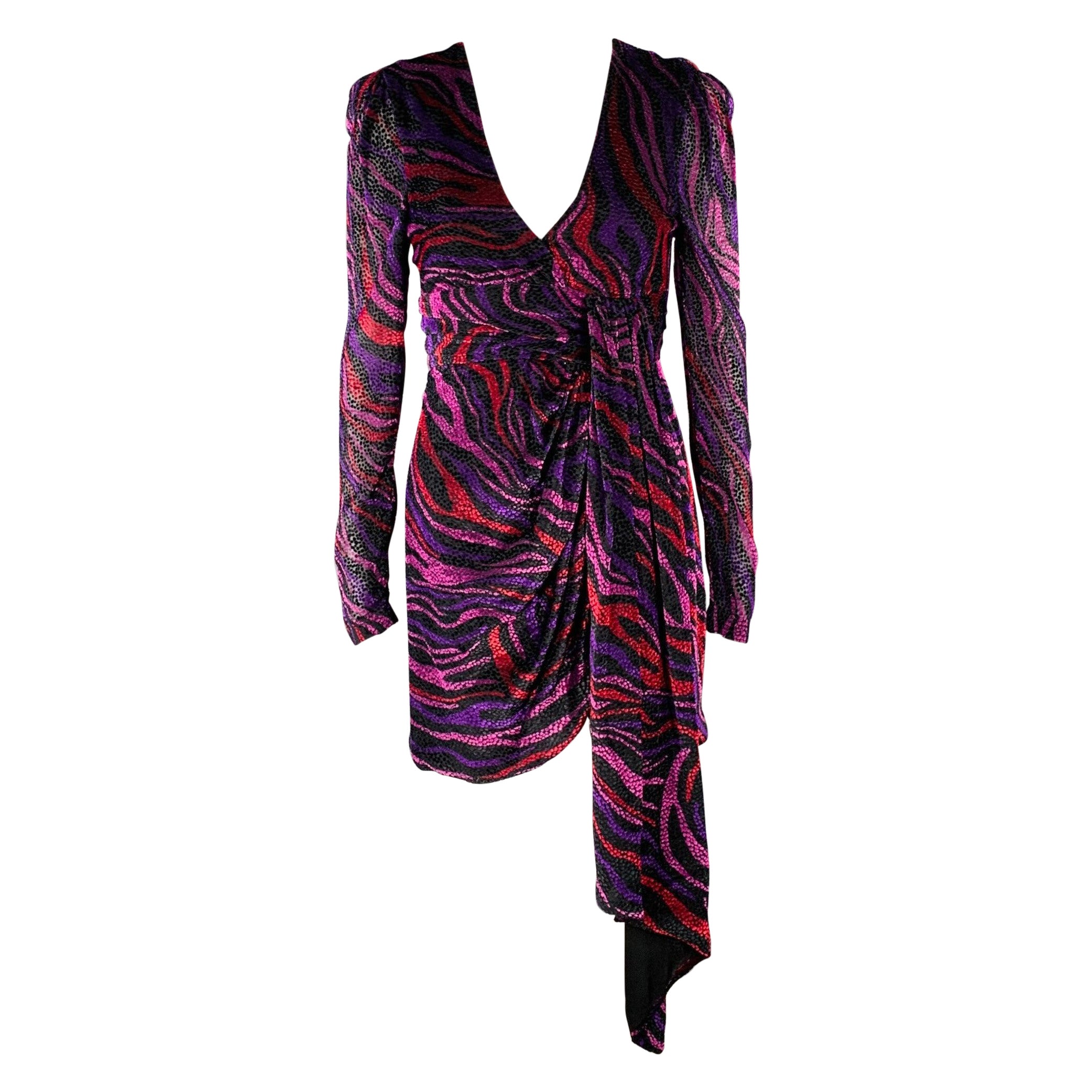 PRABAL GURUNG Talla 0 Morado Negro Viscosa Seda Burnout Vestido Manga Larga en venta