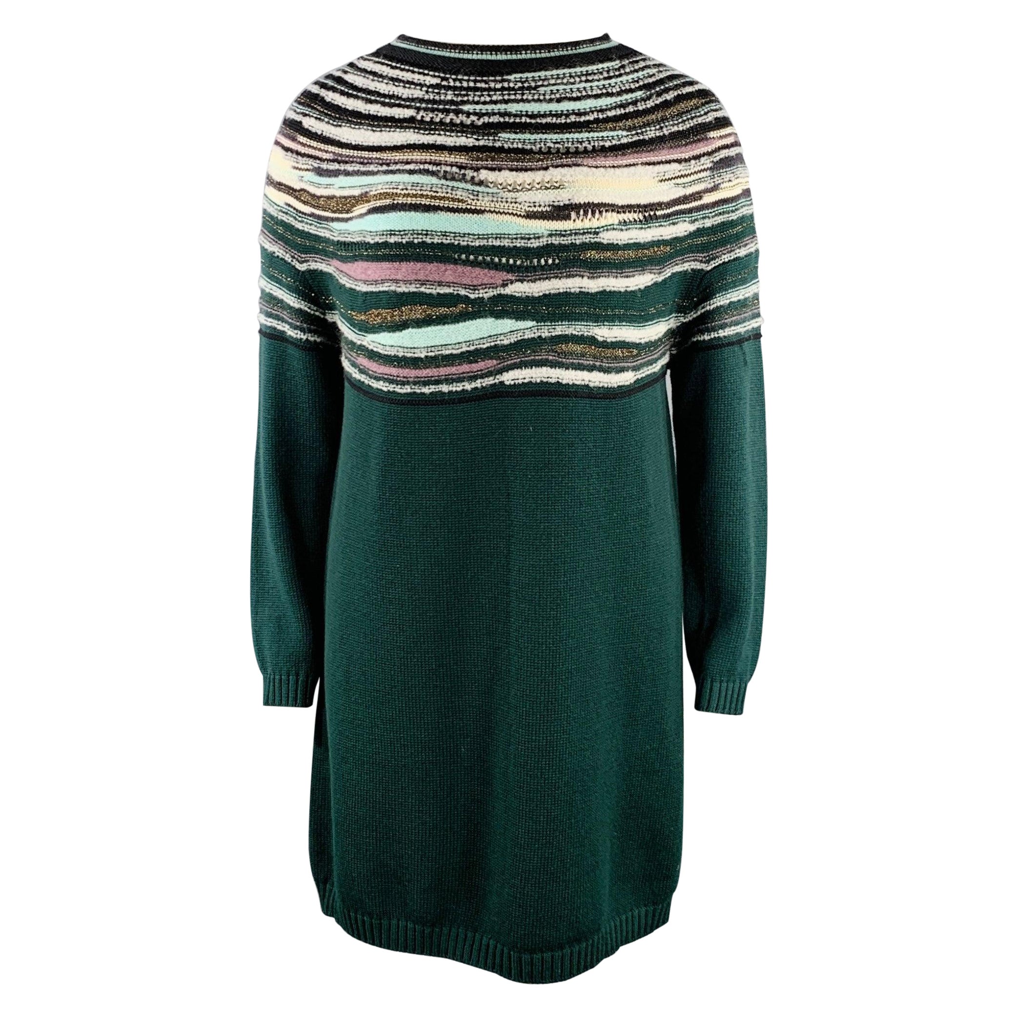 M MISSONI Size 12 Green Multi Color Wool Blend Knit Sweater Dress For Sale