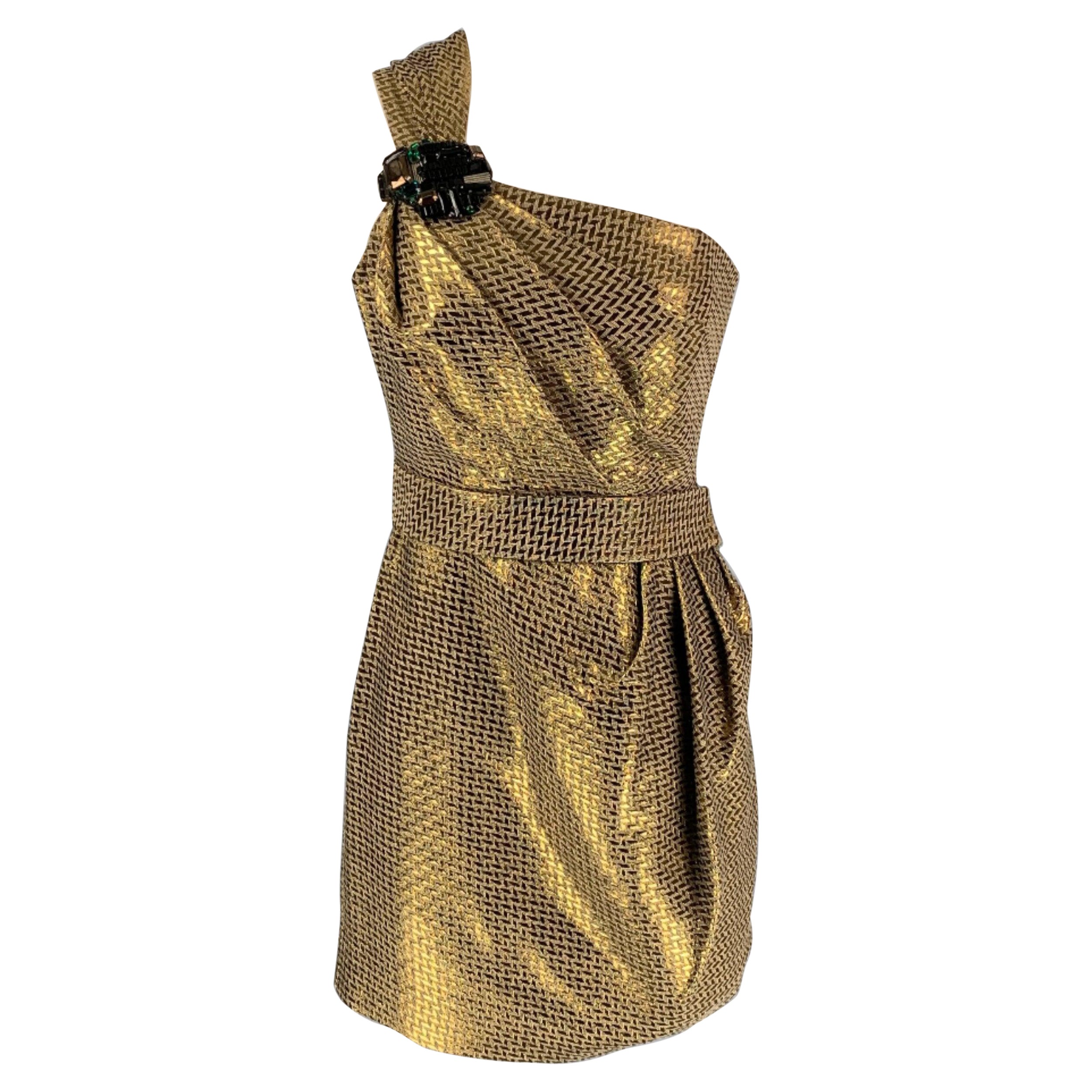 MATTHEW WILLIAMSON Vestido de cóctel geométrico de mezcla de algodón metalizado dorado talla 4