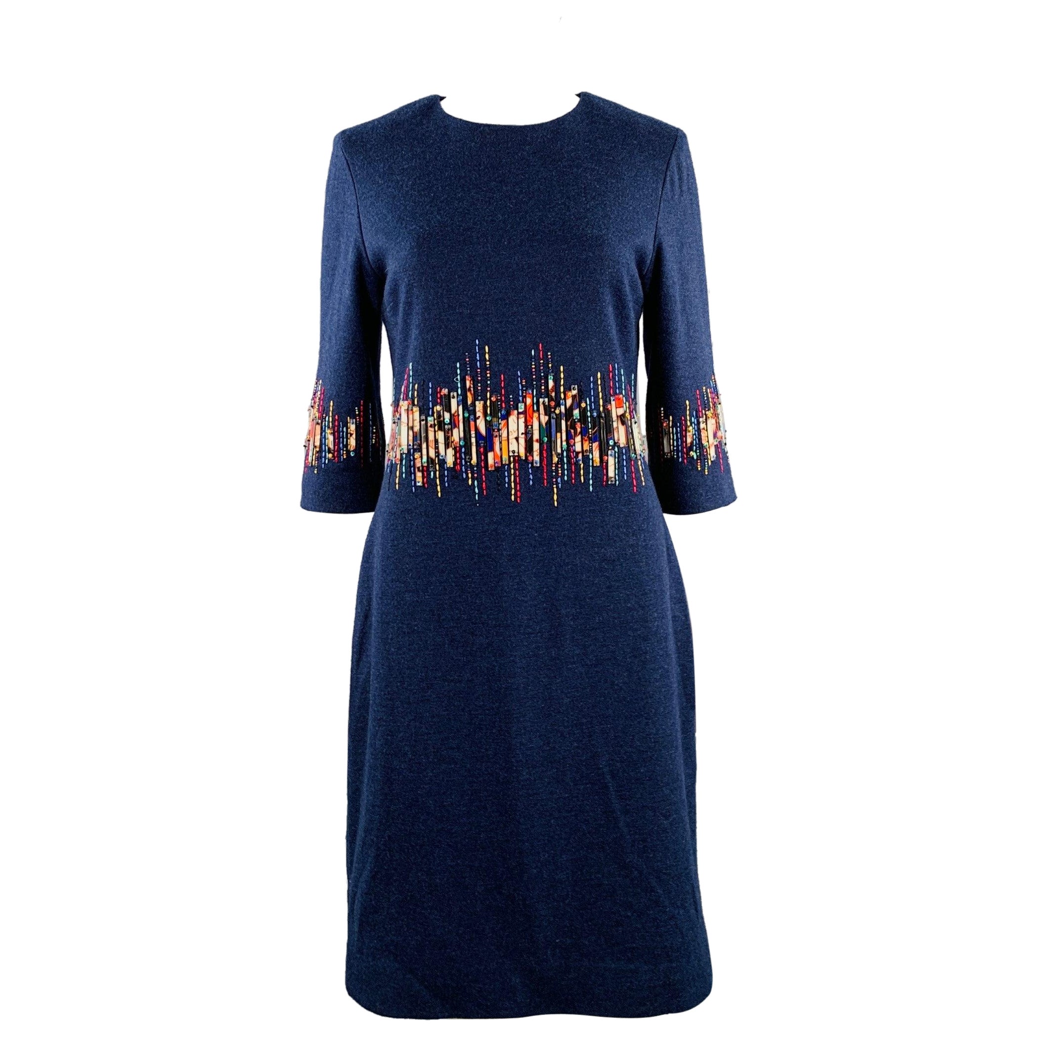 CAROLINA HERRERA Size 6 Blue Multi Color Wool Beaded Back Zip Dress For Sale