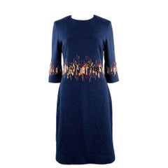 CAROLINA HERRERA Größe 6 Blau Mehrfarbig Wolle Perlen Rücken Reißverschluss Kleid