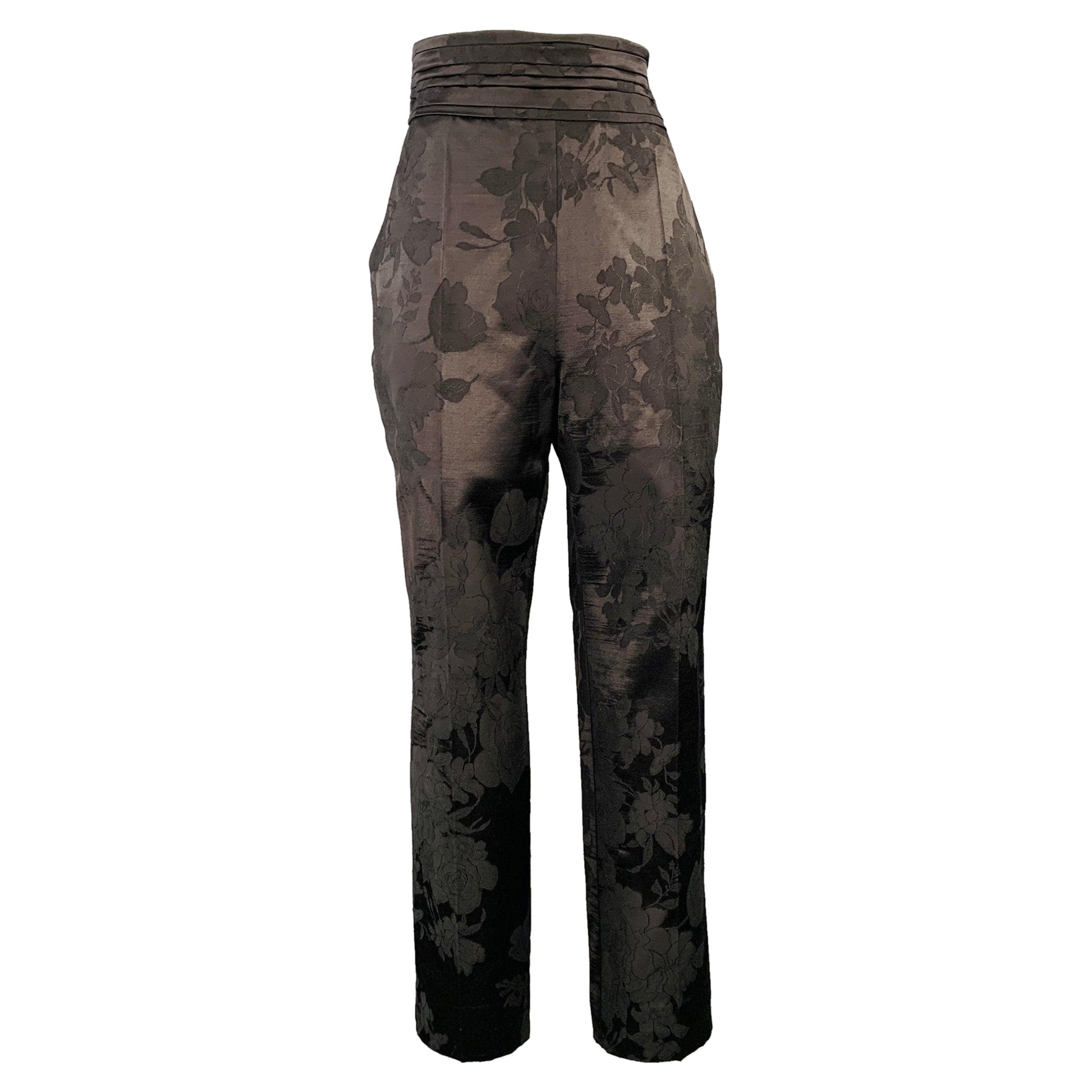 ERDEM Size 8 Helga Black Wool Blend Floral Flat Front Dress Pants For Sale