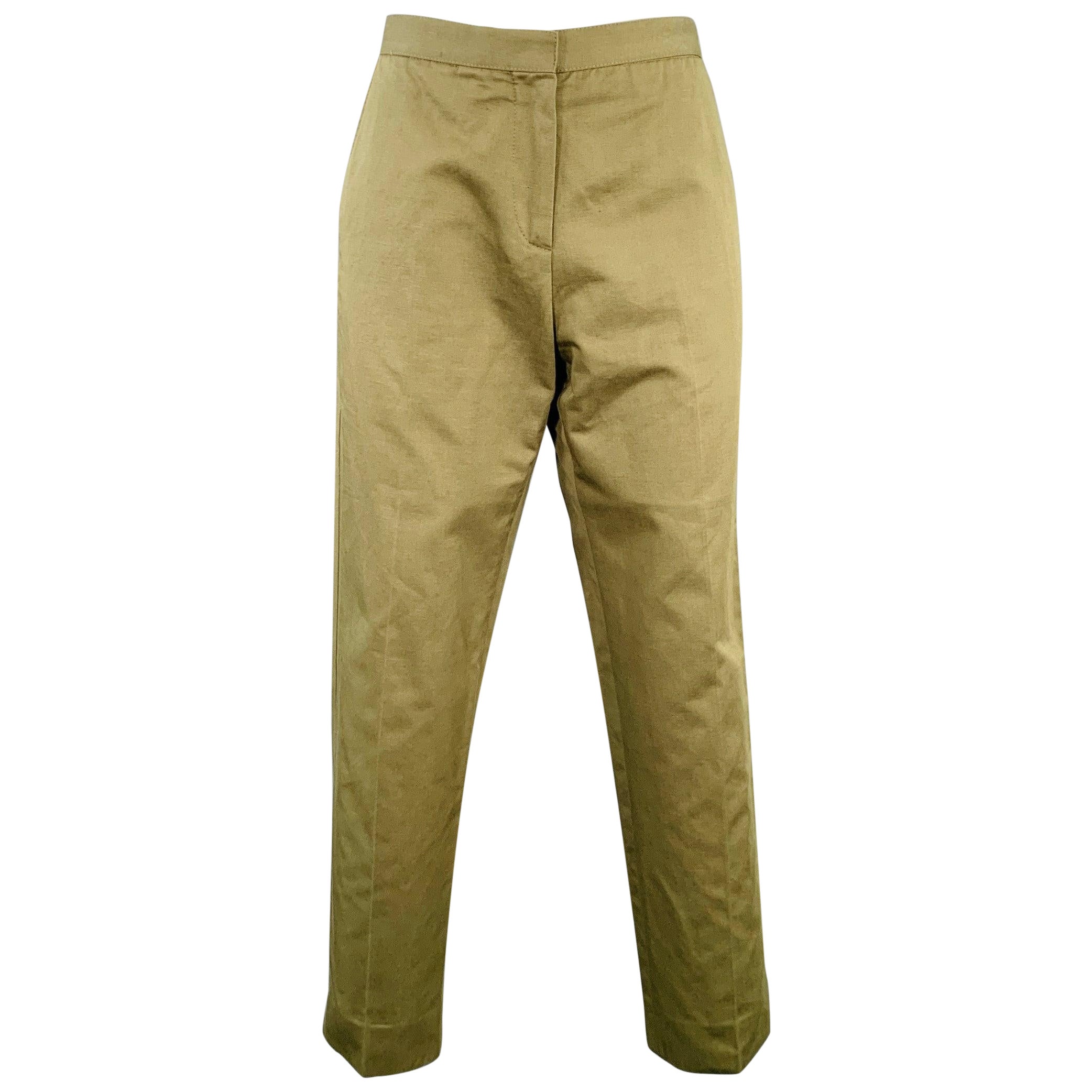 MARNI Taille 2 Pantalon décontracté en sergé de coton lin vert olive à devant plat en vente