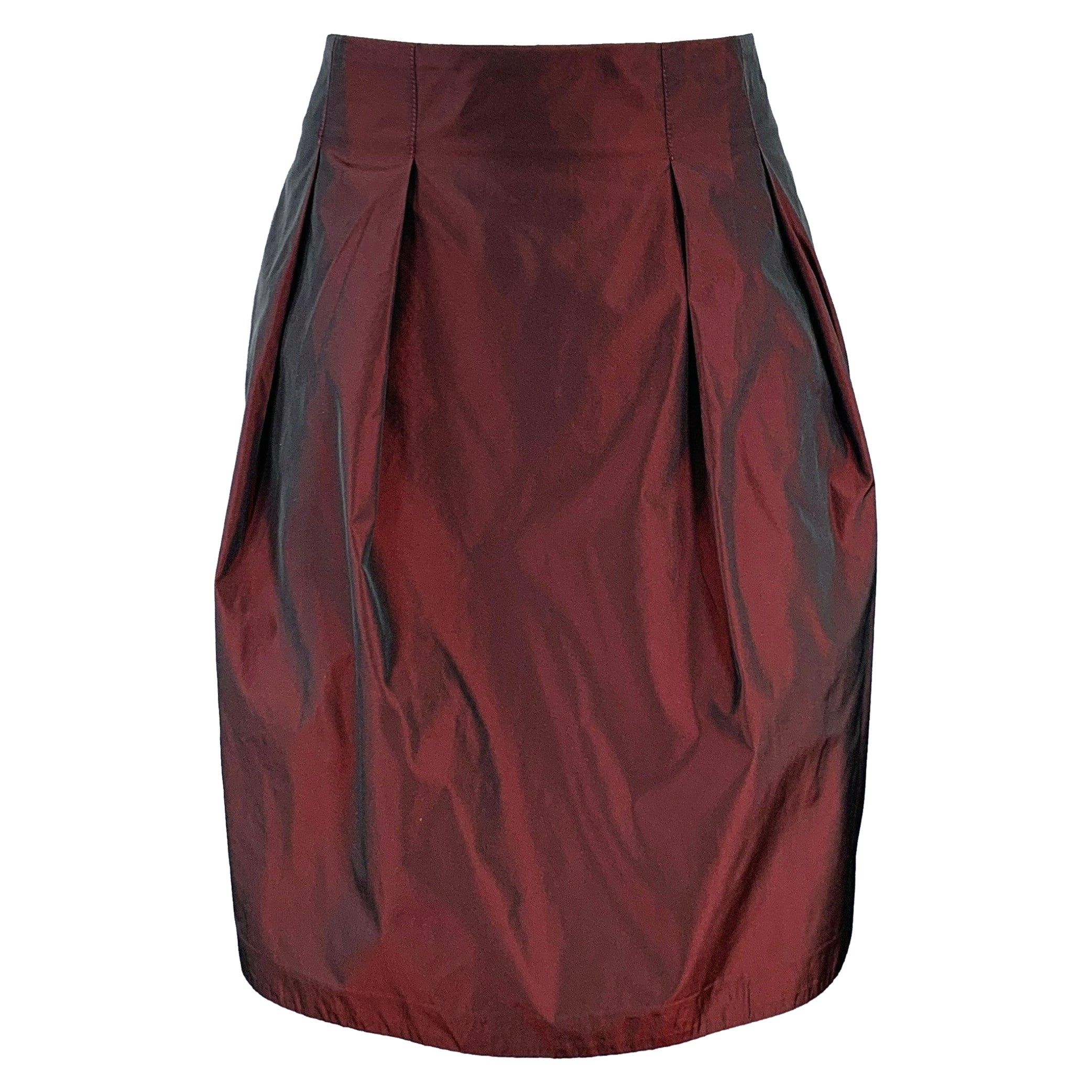 BURBERRY Size 4 Burgundy Polyester Taffeta Pleated Below Knee Skirt For Sale