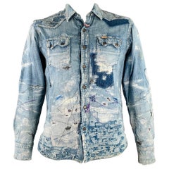 KAPITAL Size L Indigo Distressed Denim Snaps Long Sleeve Shirt