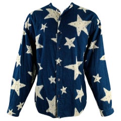 KAPITAL Size L Indigo White Stars Cotton Nehru Collar Long Sleeve Shirt