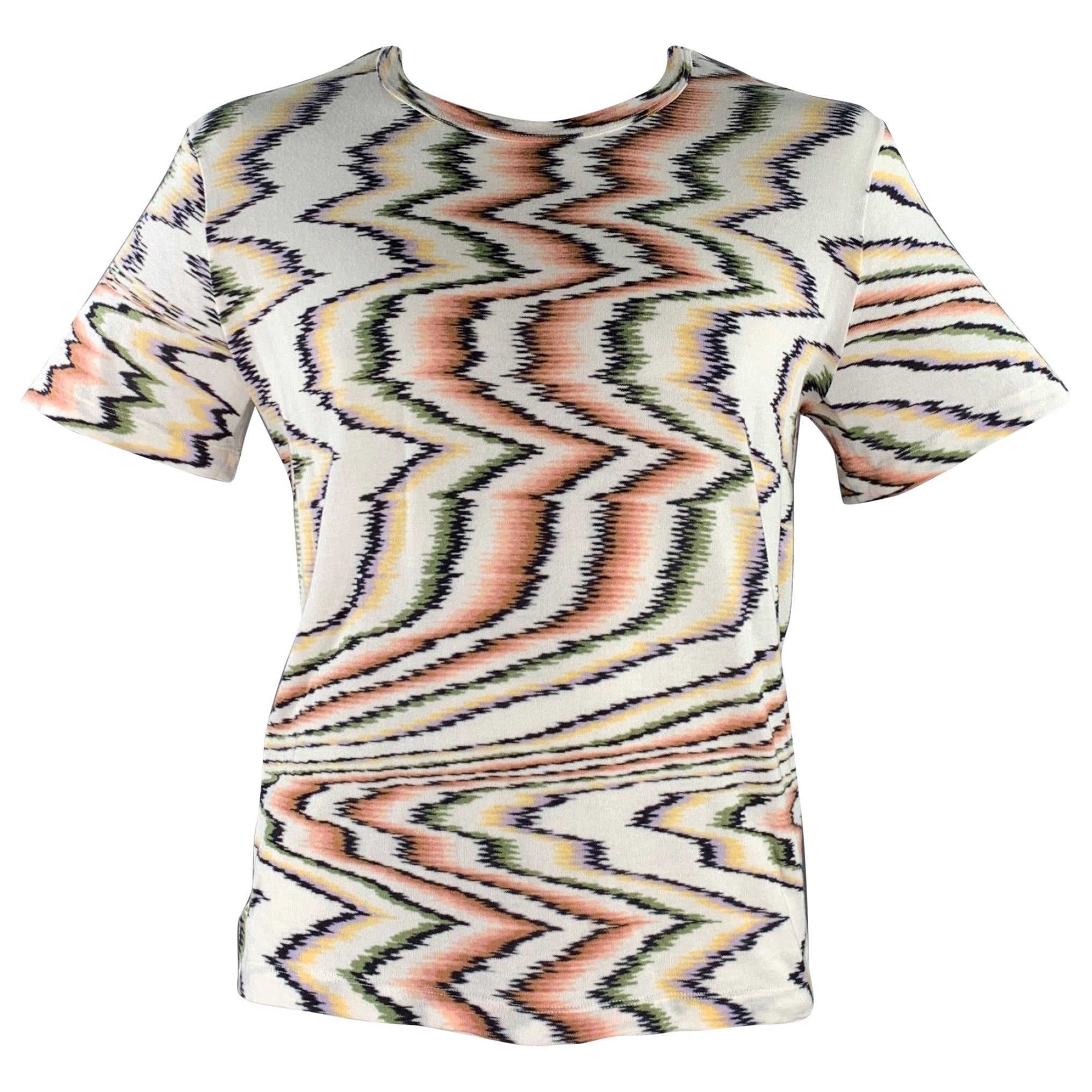 M MISSONI Size XL White Multi Color Zig Zag Cotton Crew Neck T-shirt For Sale