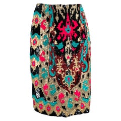 NAEEM KHAN Talla S Negro Rosa Verde Lentejuelas Falda lápiz por debajo de la rodilla