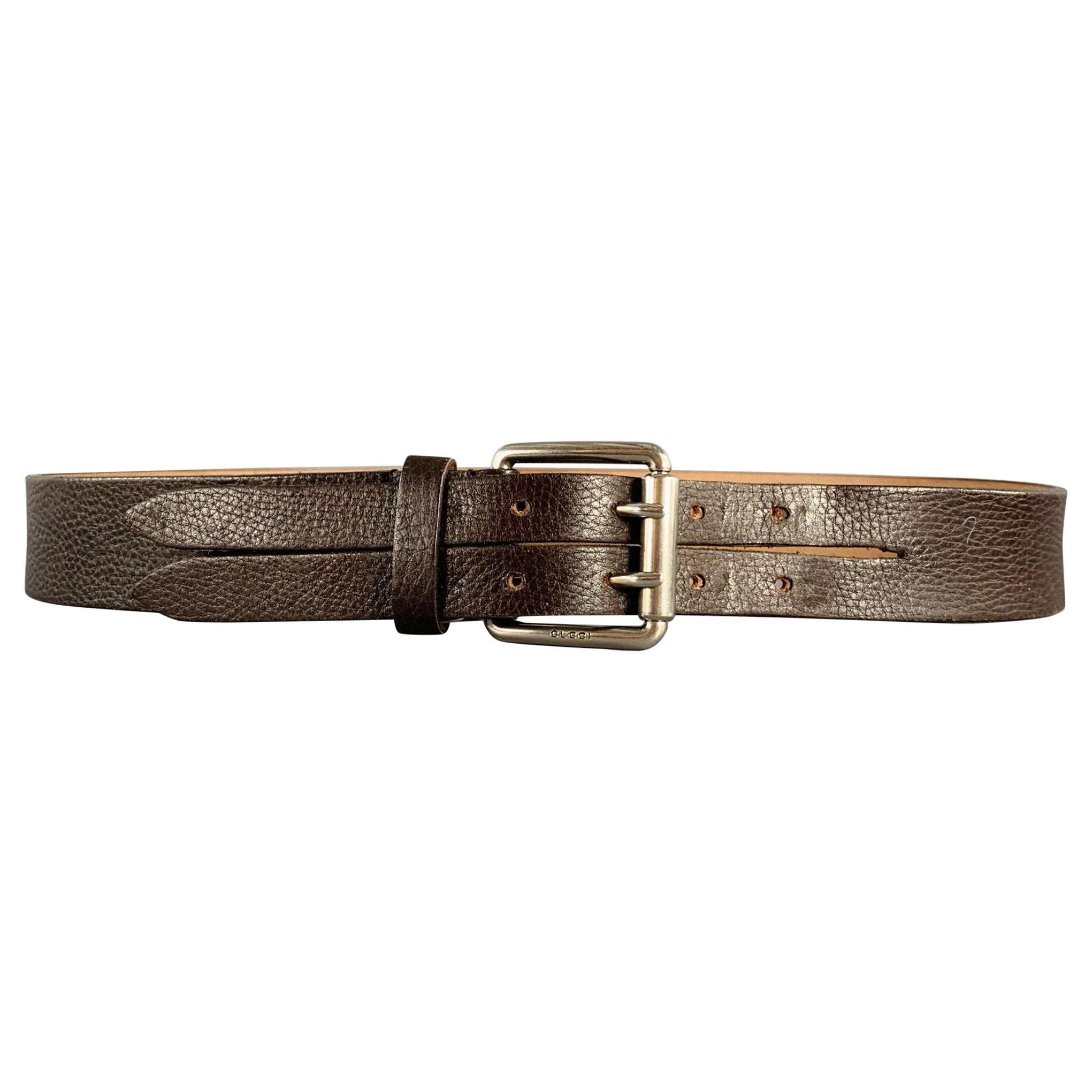 GUCCI Size 40 Brown Silver Leather Belt For Sale