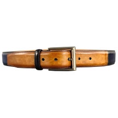 SAKS FIFTH AVENUE Size 46 Navy Tan Two Tone Leather Belt