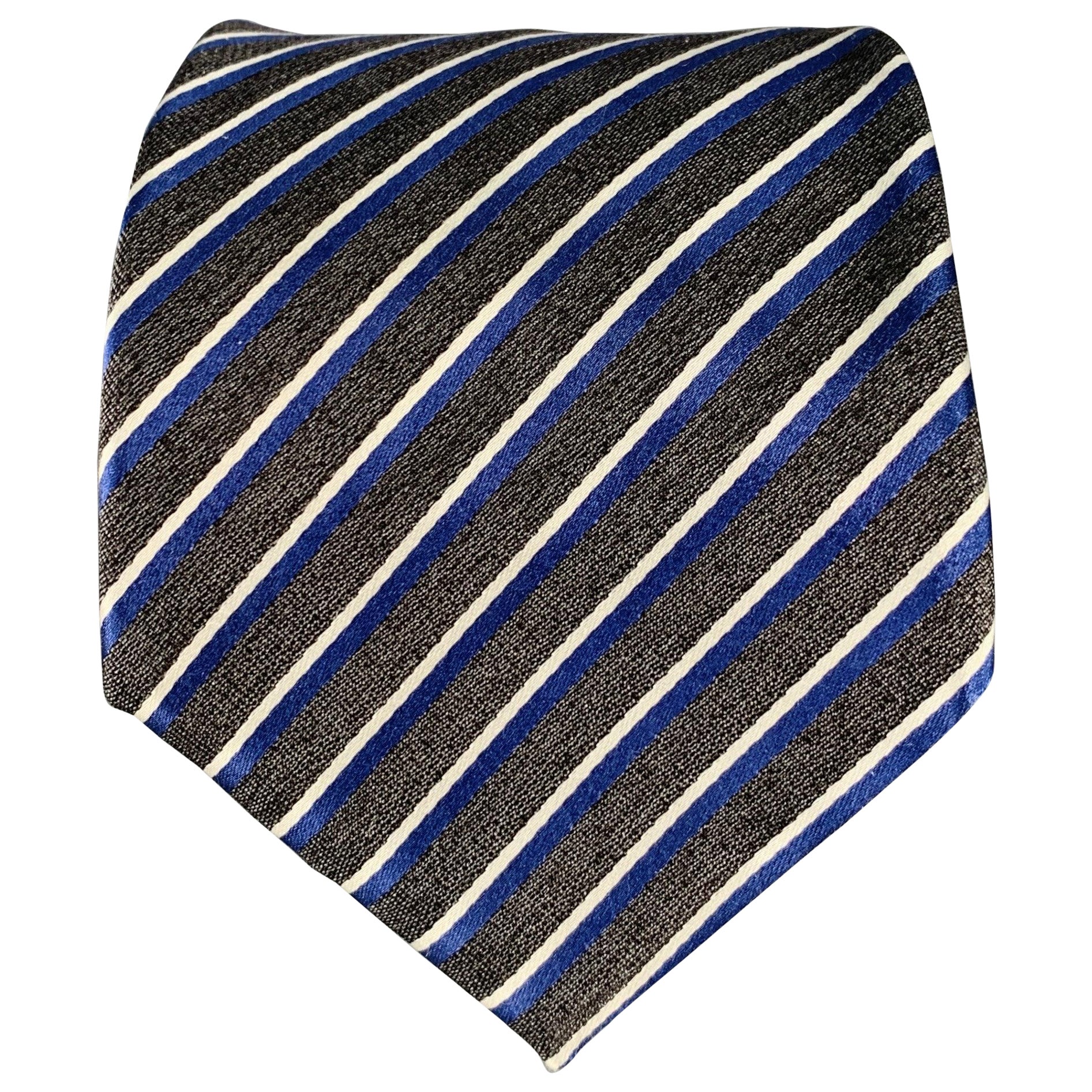 ERMENEGILDO ZEGNA Grey Navy Diagonal Stripe Silk Tie For Sale