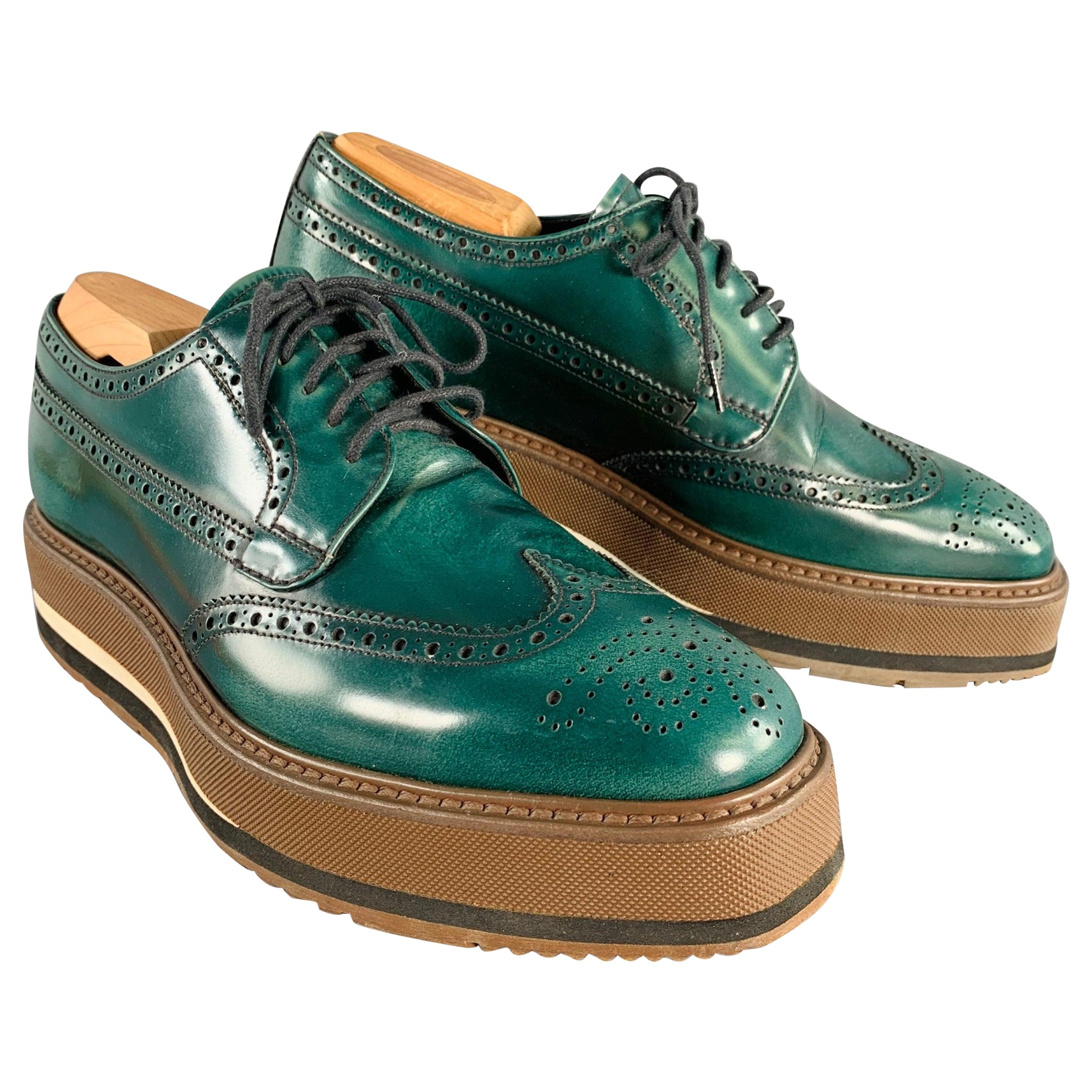 PRADA Size 6.5 Green Brown Wingtip Leather Platform Lace-Up Shoes For Sale