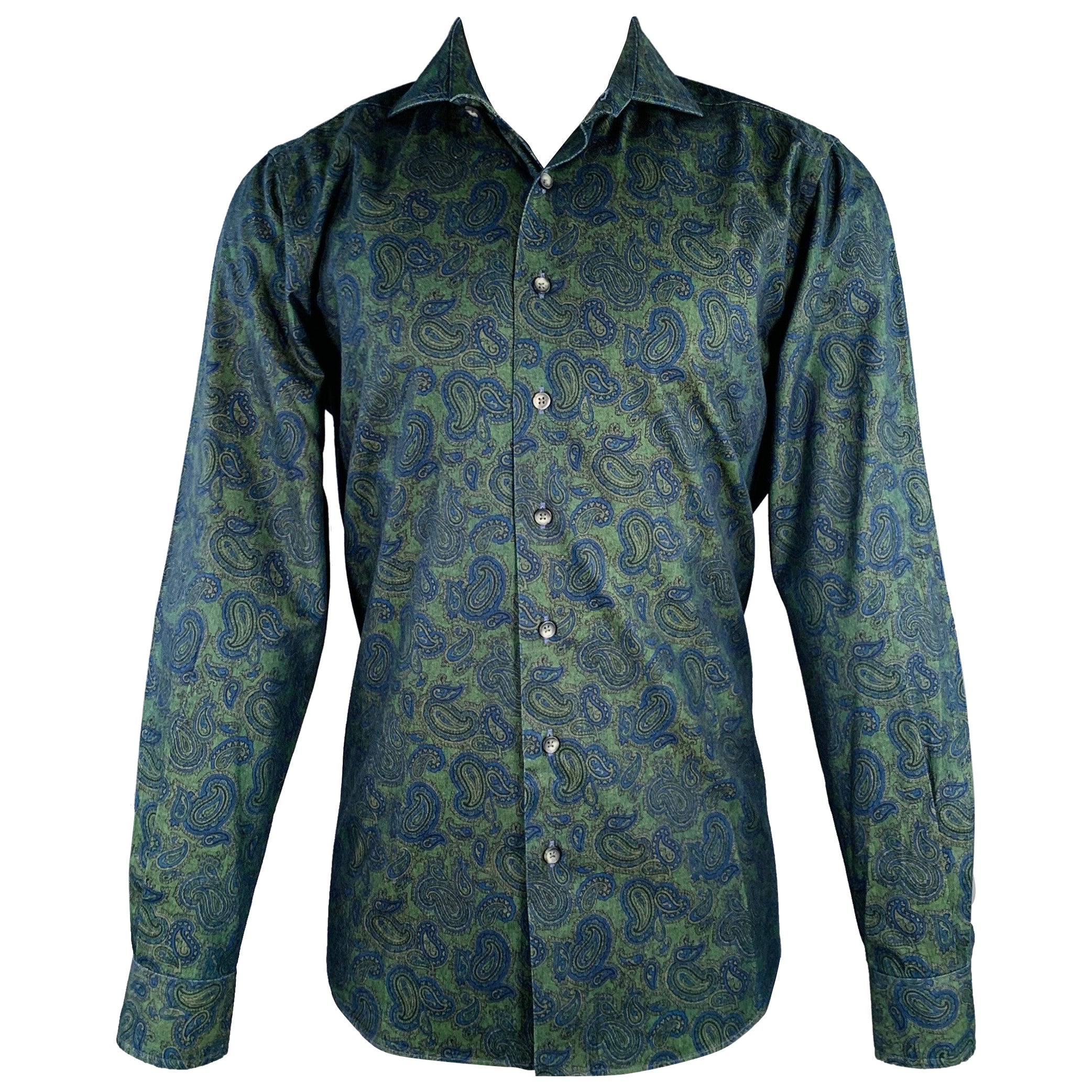 PAUL STUART Size M Green Blue Paisley Cotton Spread Collar Long Sleeve Shirt For Sale