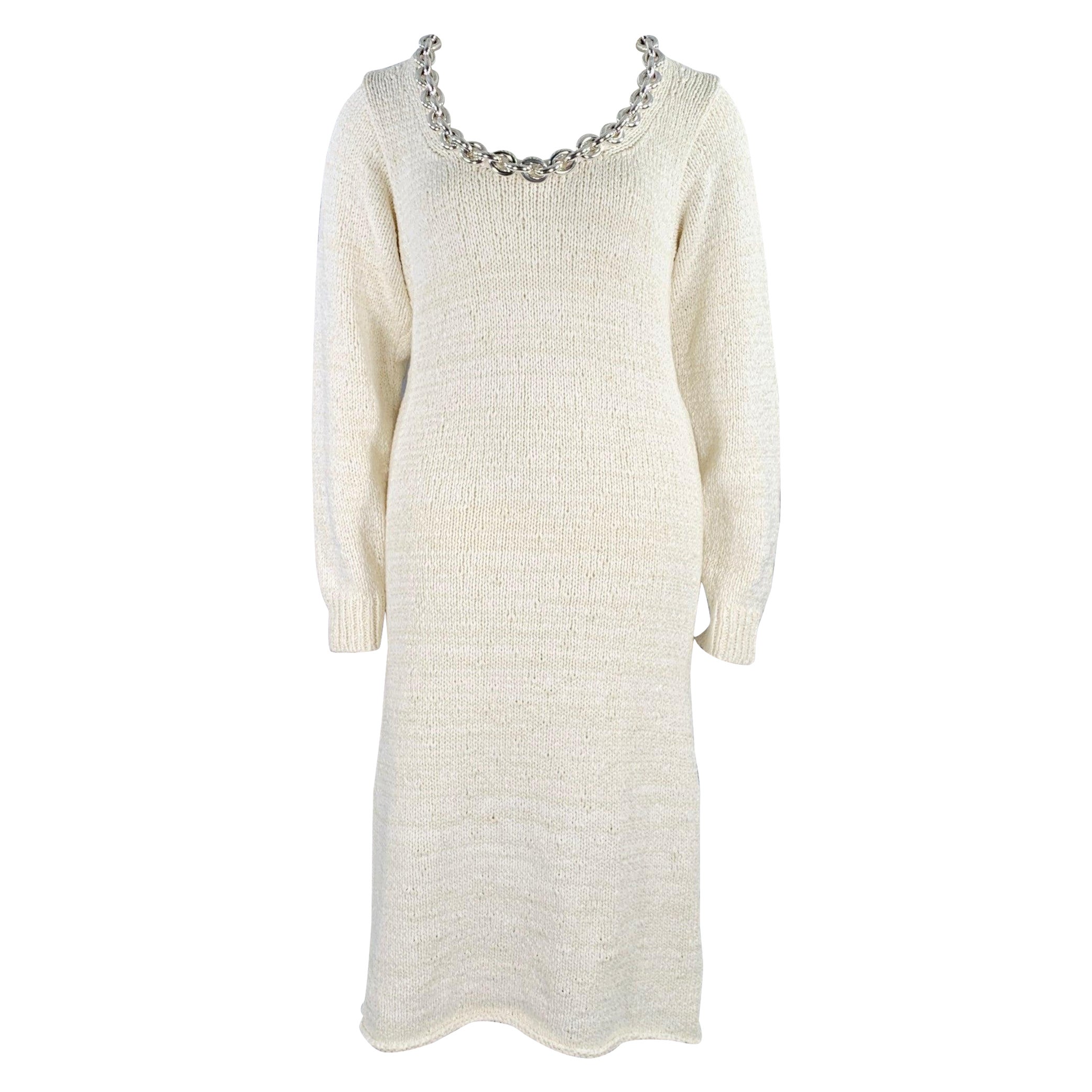 BOTTEGA VENETA Pre-Fall 2020 Size L Beige Silver Cotton Blend Chain Long Sleeve Dress For Sale