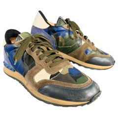 VALENTINO Size 9.5 Blue Taupe Color Block Leather Rubber Sole Sneakers