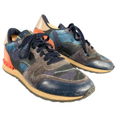 VALENTINO Size 9 Black Blue Red Color Block Leather Rubber Sole Sneakers