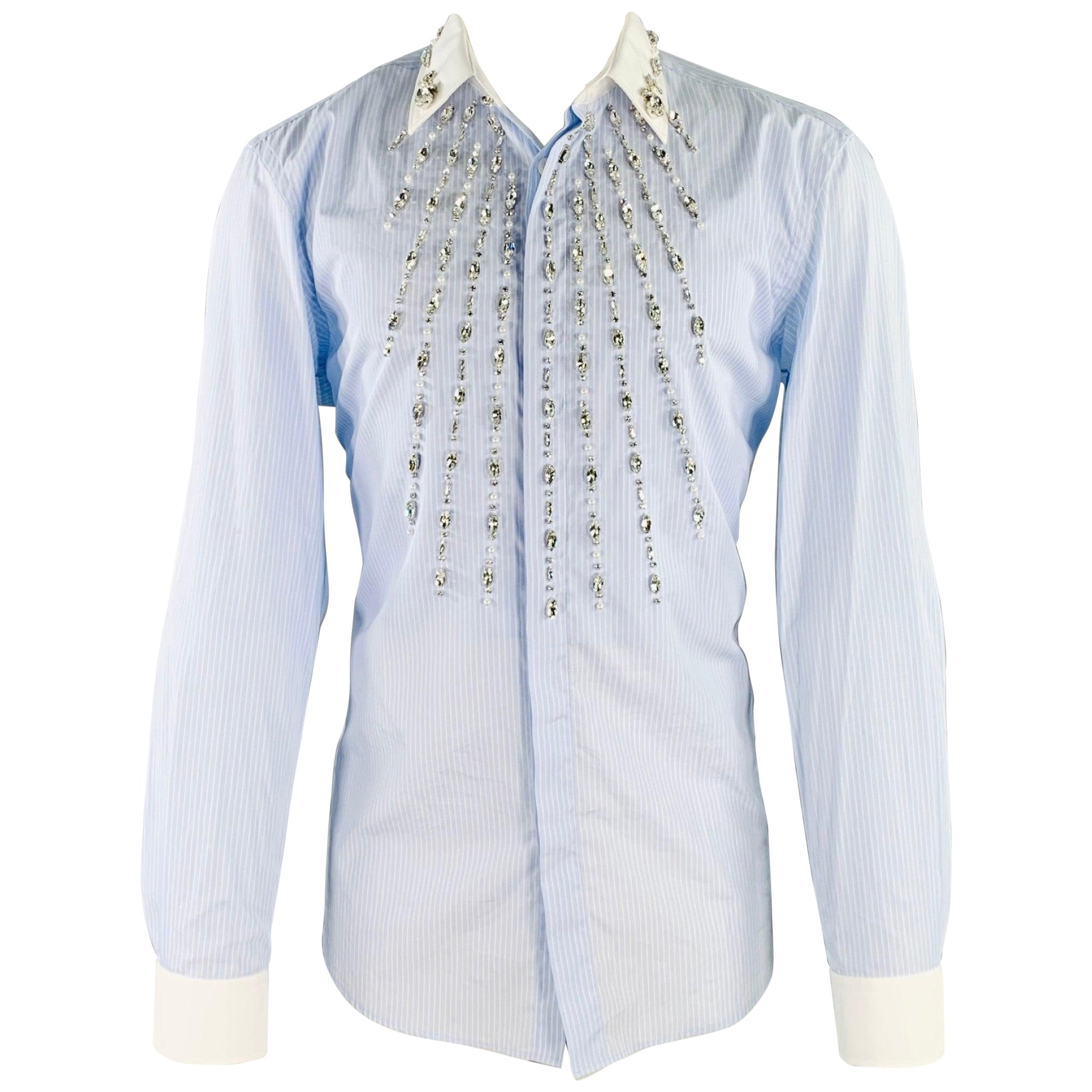 BURBERRY Size M Blue White Pinstripe Cotton Button Up Long Sleeve Shirt For Sale
