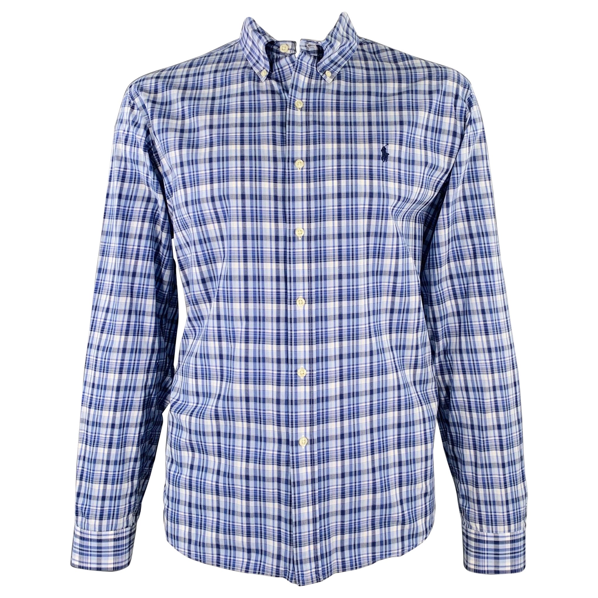 RALPH LAUREN Size XXL Blue Grey Plaid Cotton Button Down Long Sleeve Shirt For Sale