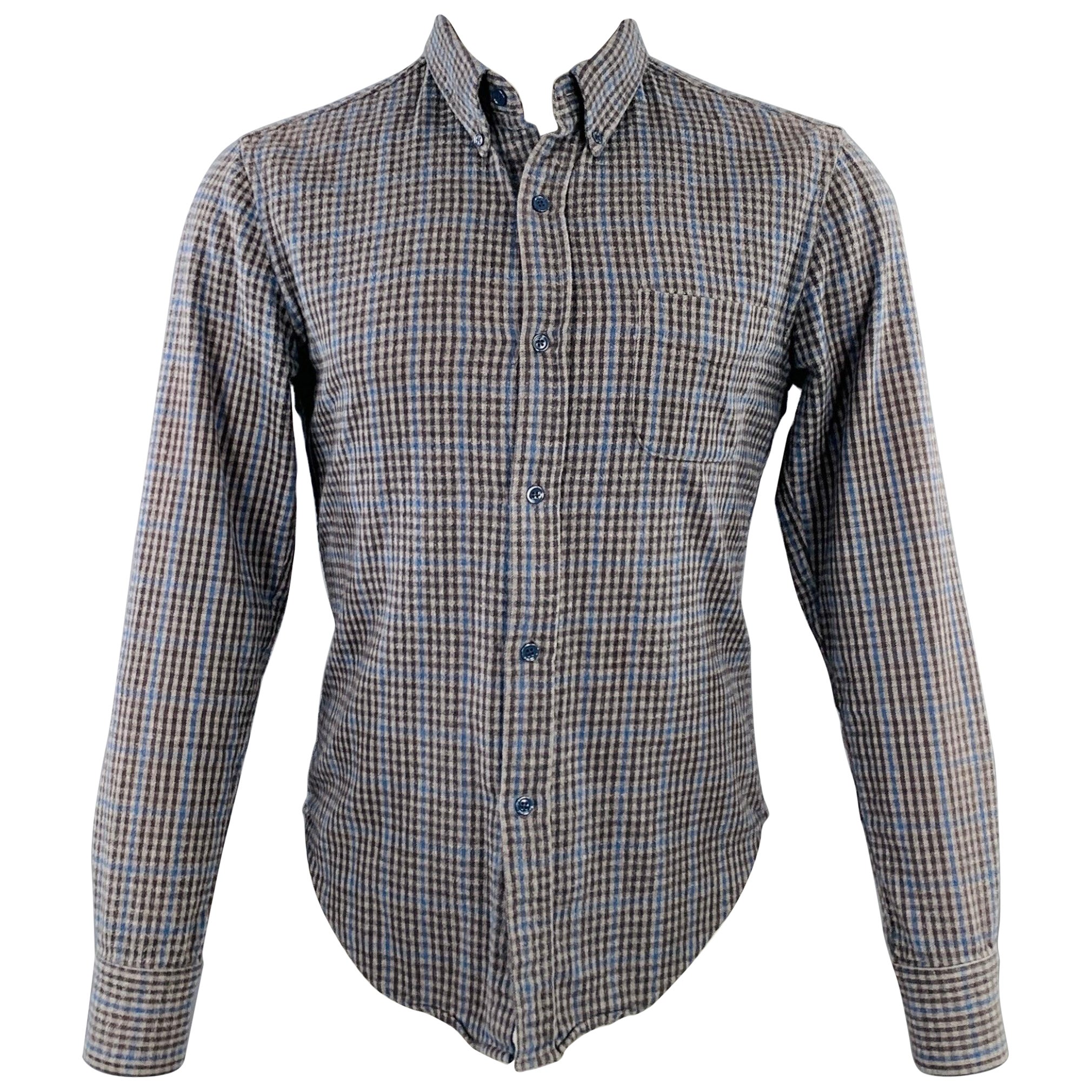 BAND OF OUTSIDERS Size M Grey Blue Plaid Cotton One Pocket Long Sleeve Shirt For Sale