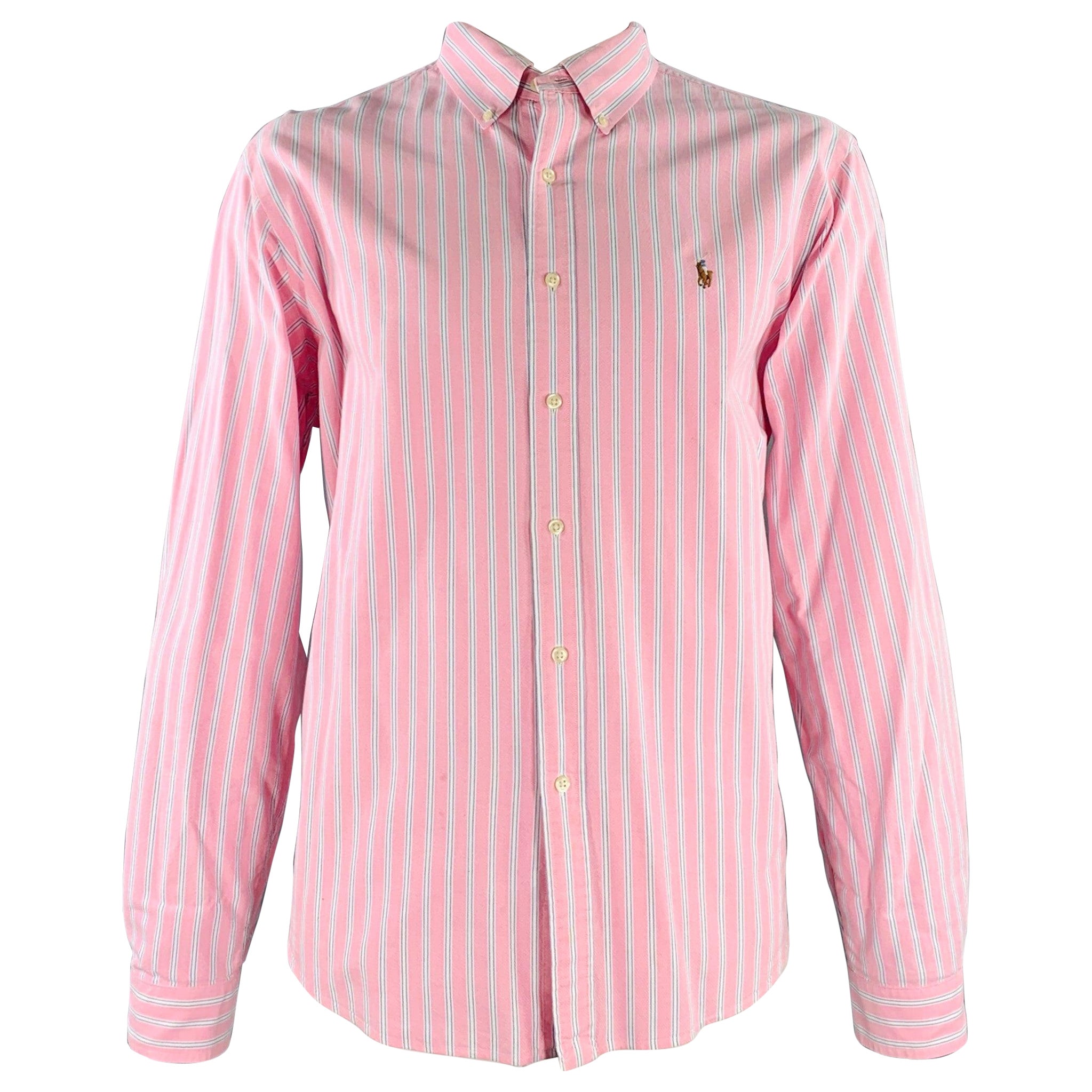 RALPH LAUREN Size XXL Pink White Stripe Cotton Button Down Long Sleeve Shirt For Sale