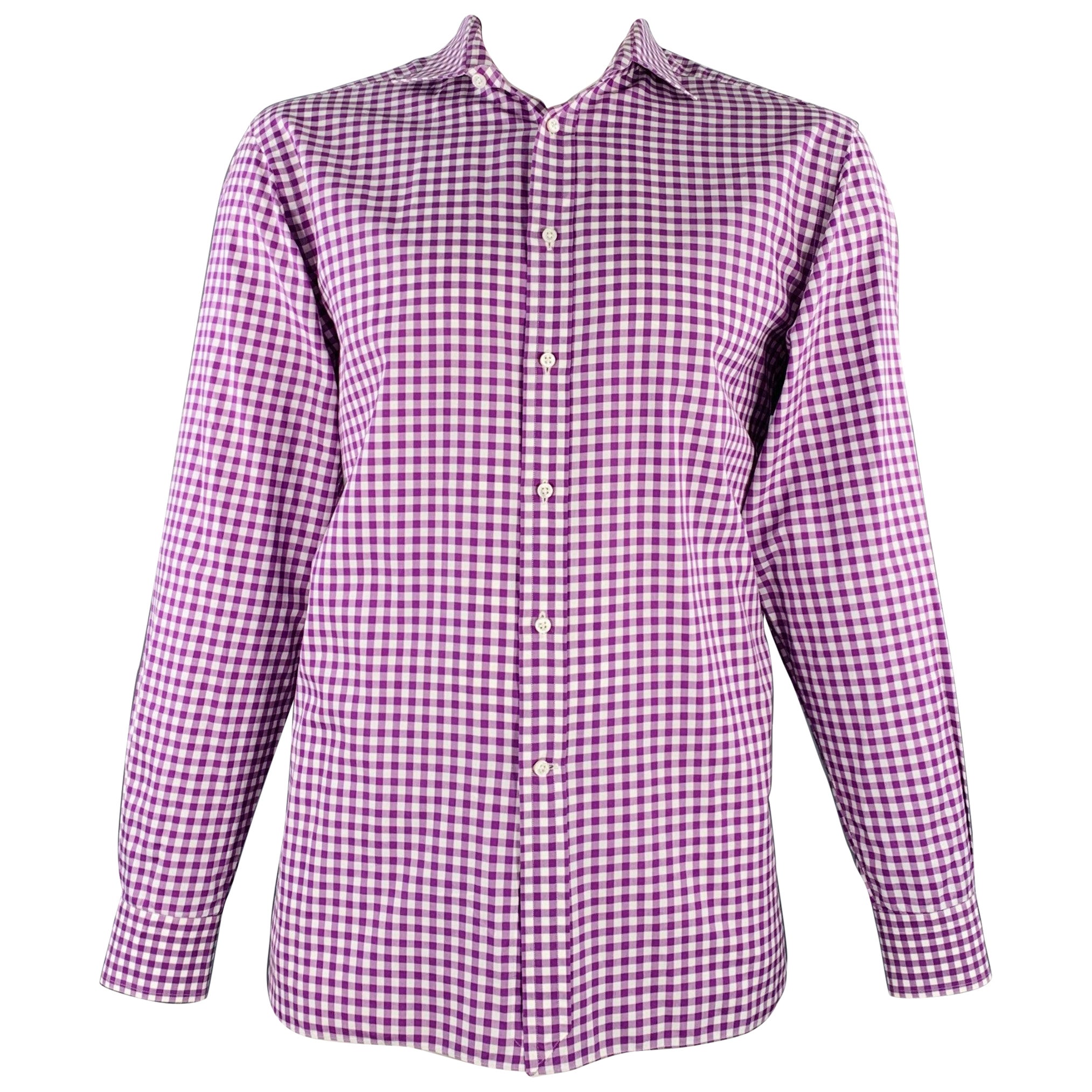 RALPH LAUREN Size XL Purple White Checkered Cotton Long Sleeve Shirt For Sale