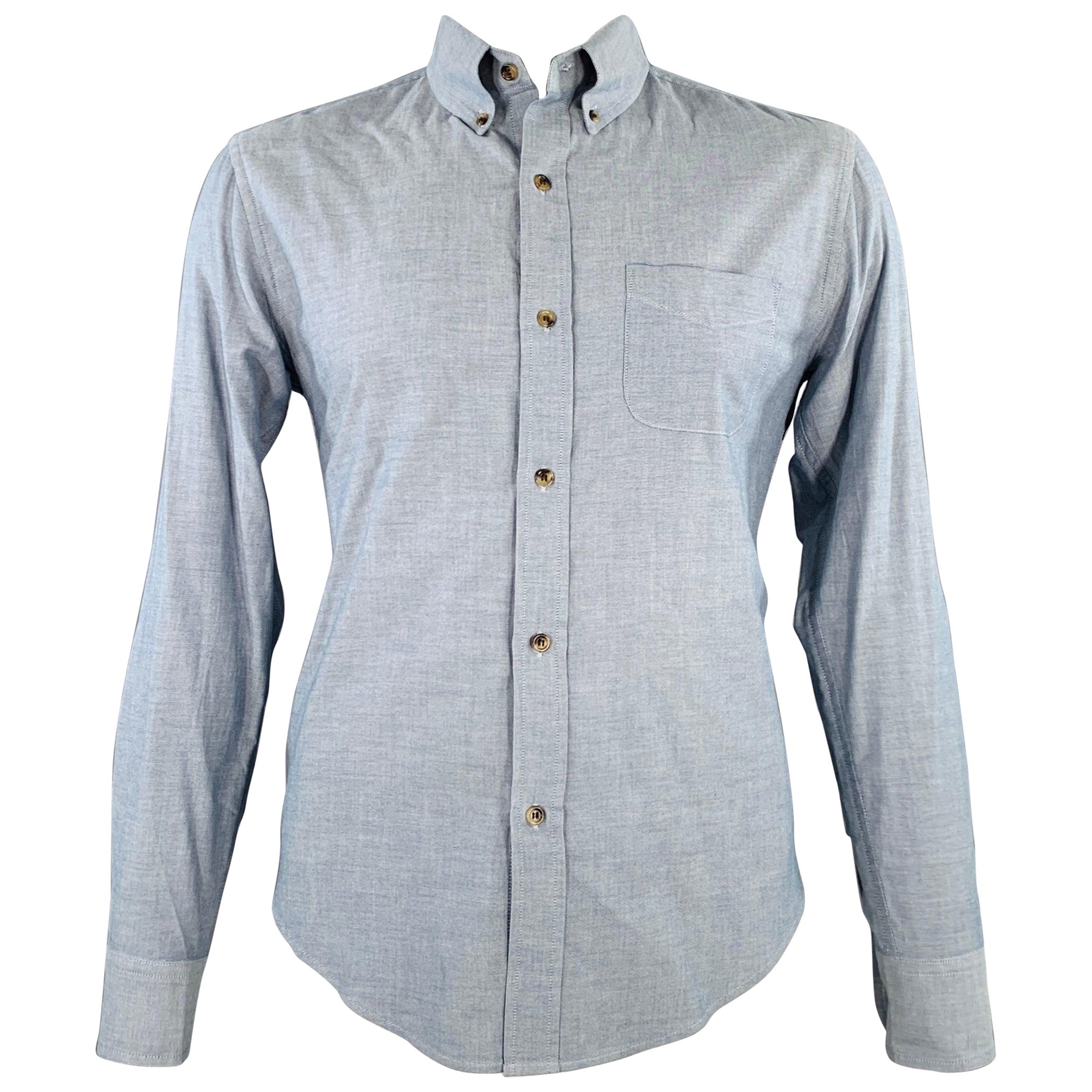 BAND OF OUTSIDERS Size L Blue Grey Cotton One Pocket Long Sleeve Shirt For Sale