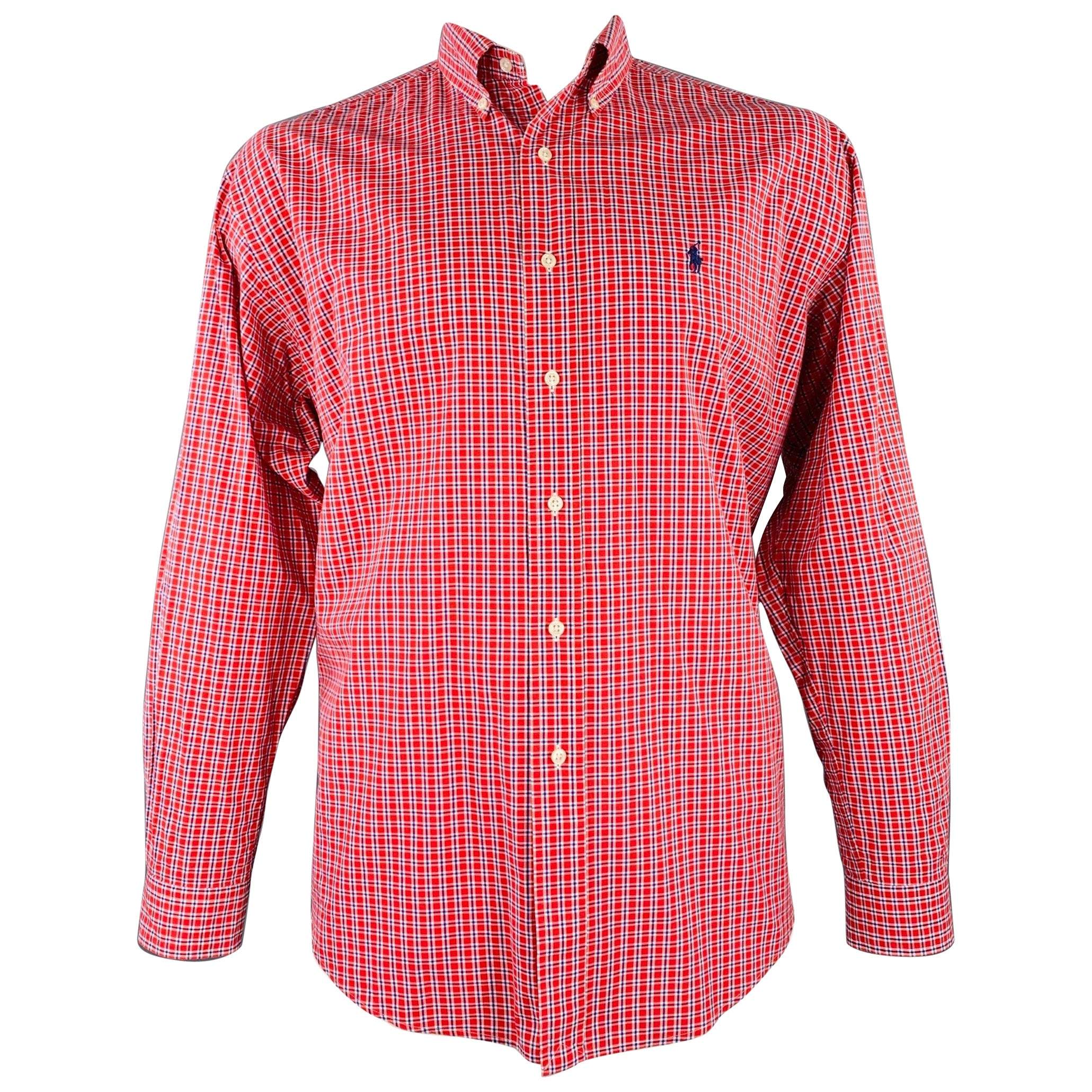 RALPH LAUREN Size L Red Blue Window Pane Cotton Button Down Long Sleeve Shirt For Sale