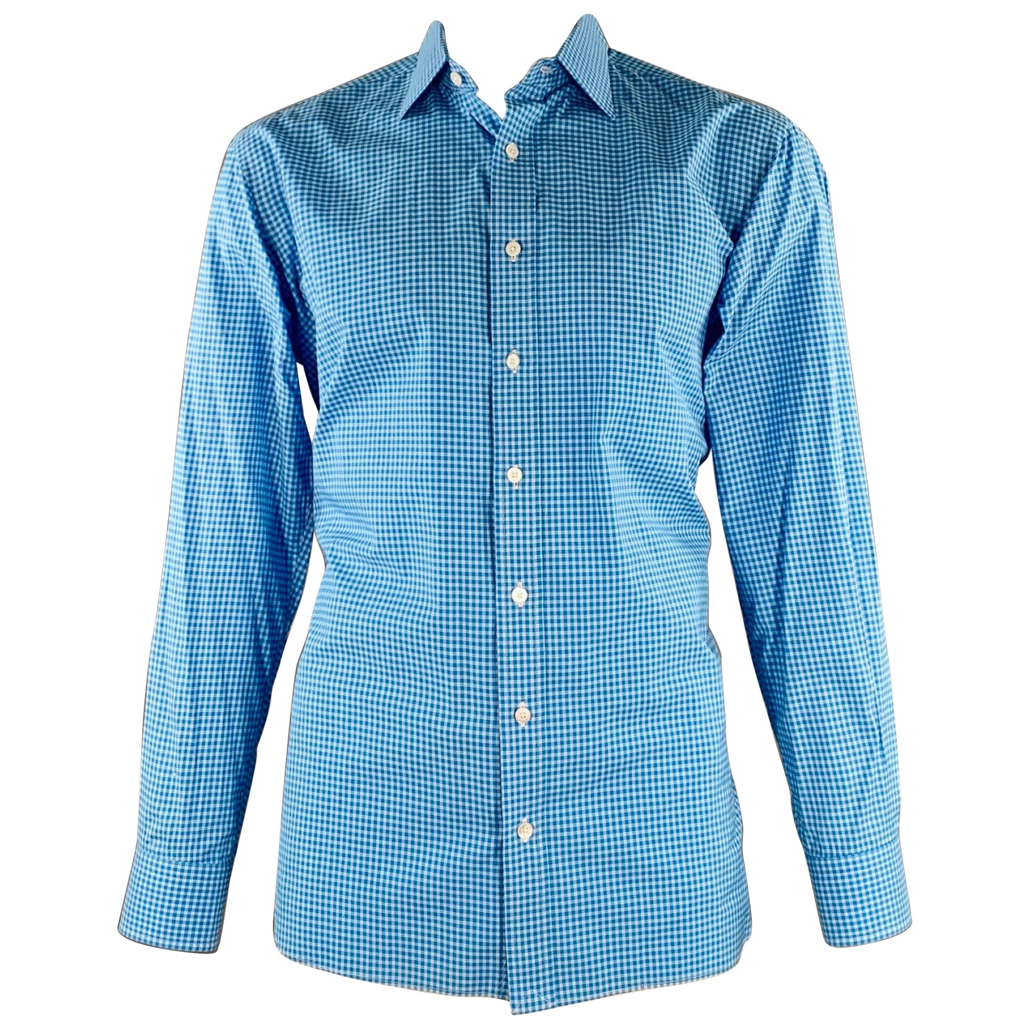 HAMILTON Size XXL Blue Aqua Checkered Cotton Curved Cutaway Long Sleeve Shirt For Sale