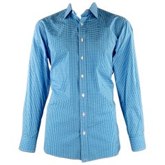 Hamilton Taglia XXL Camicia a maniche lunghe in cotone a scacchi blu acqua con taglio curvo