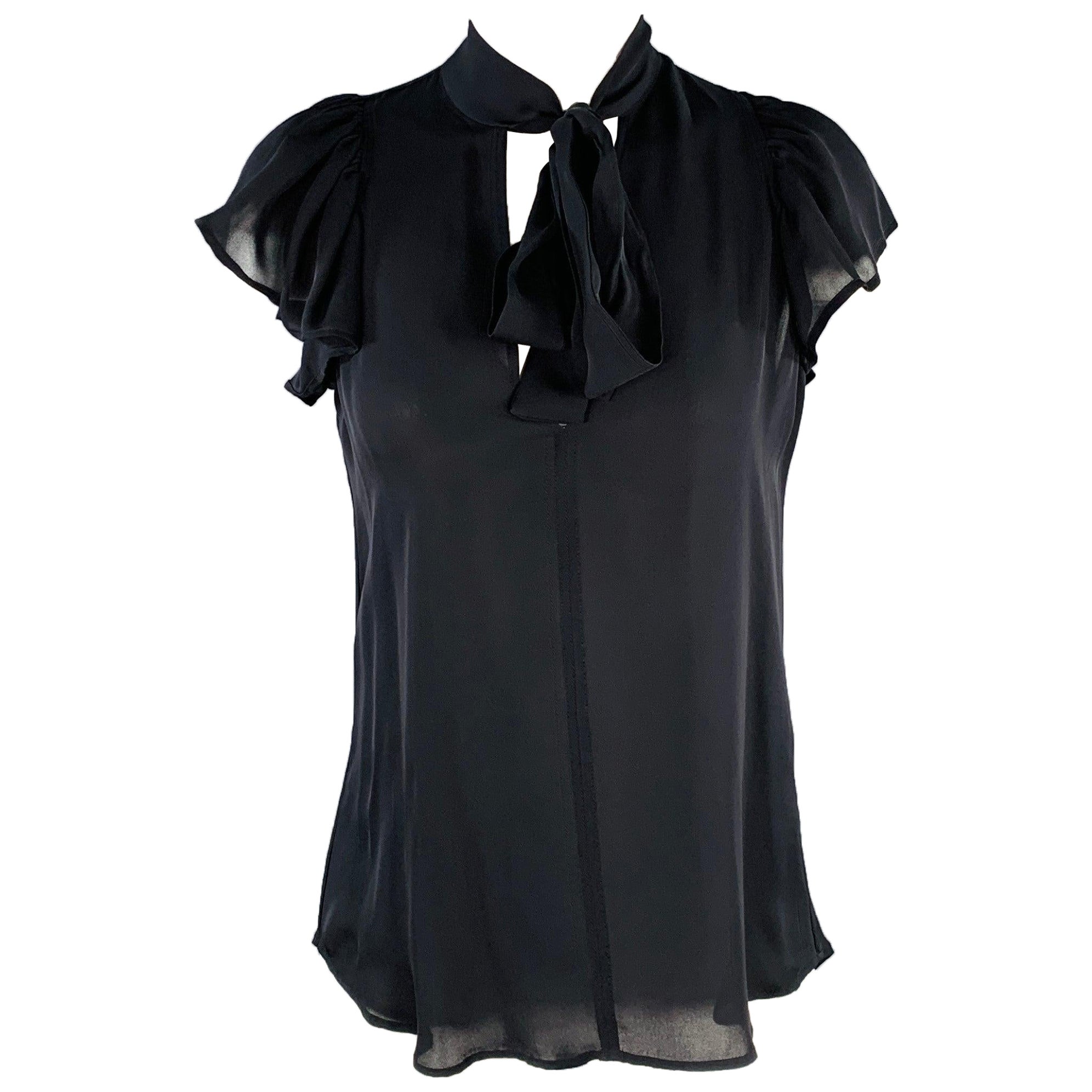 A.L.C. Size 2 Black Silk Bow Cap Sleeves Blouse Dress Top For Sale