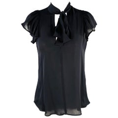 A.L.C. Talla 2 Blusa de seda negra con lazo y mangas casquillo Vestido Top