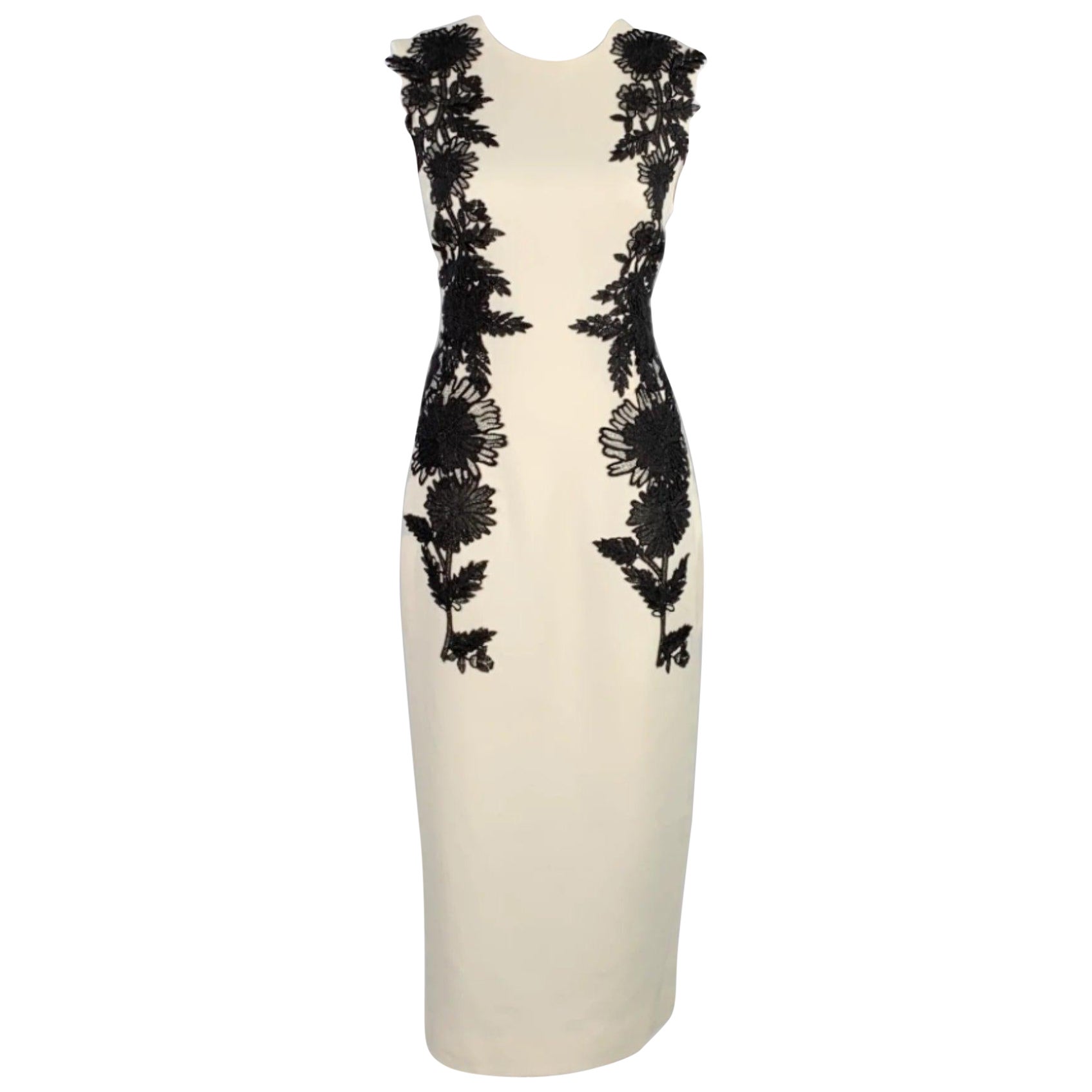 LELA ROSE Size 4 Jewel Cream Black Wool Blend Applique Sheath Dress
