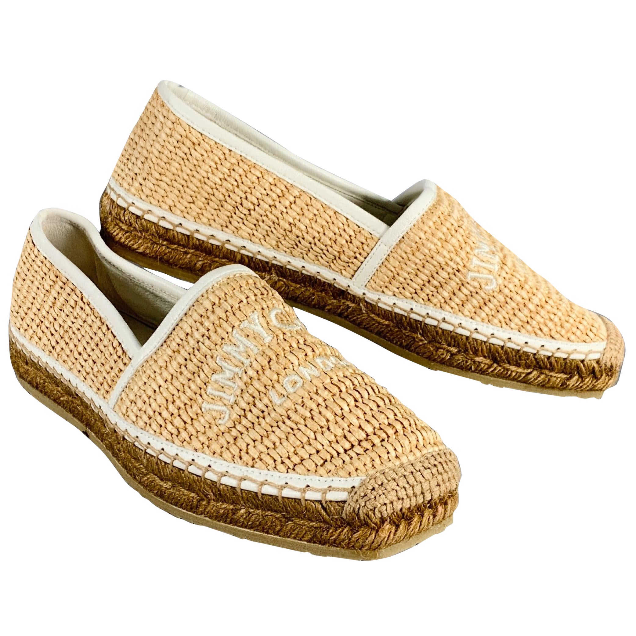 JIMMY Choo Taglia 6,5 Bianco Naturale Paglia Tessuto Espadrille Appartamenti in vendita