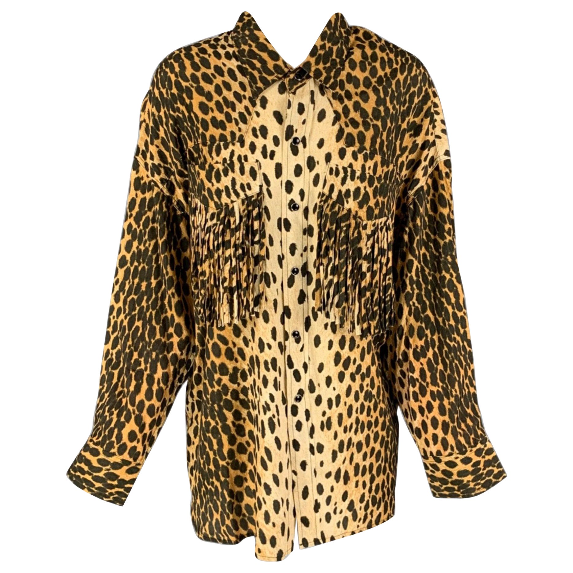 R13 Taille XS Western Fringe Tan Brown Cotton Animal Print Oversized Shirt en vente