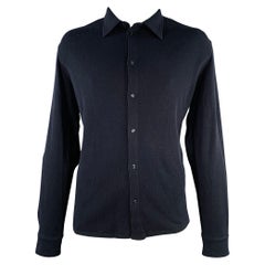 AGNONA Size 44 Navy Knit Cotton Cashmere Button Up Long Sleeve Shirt