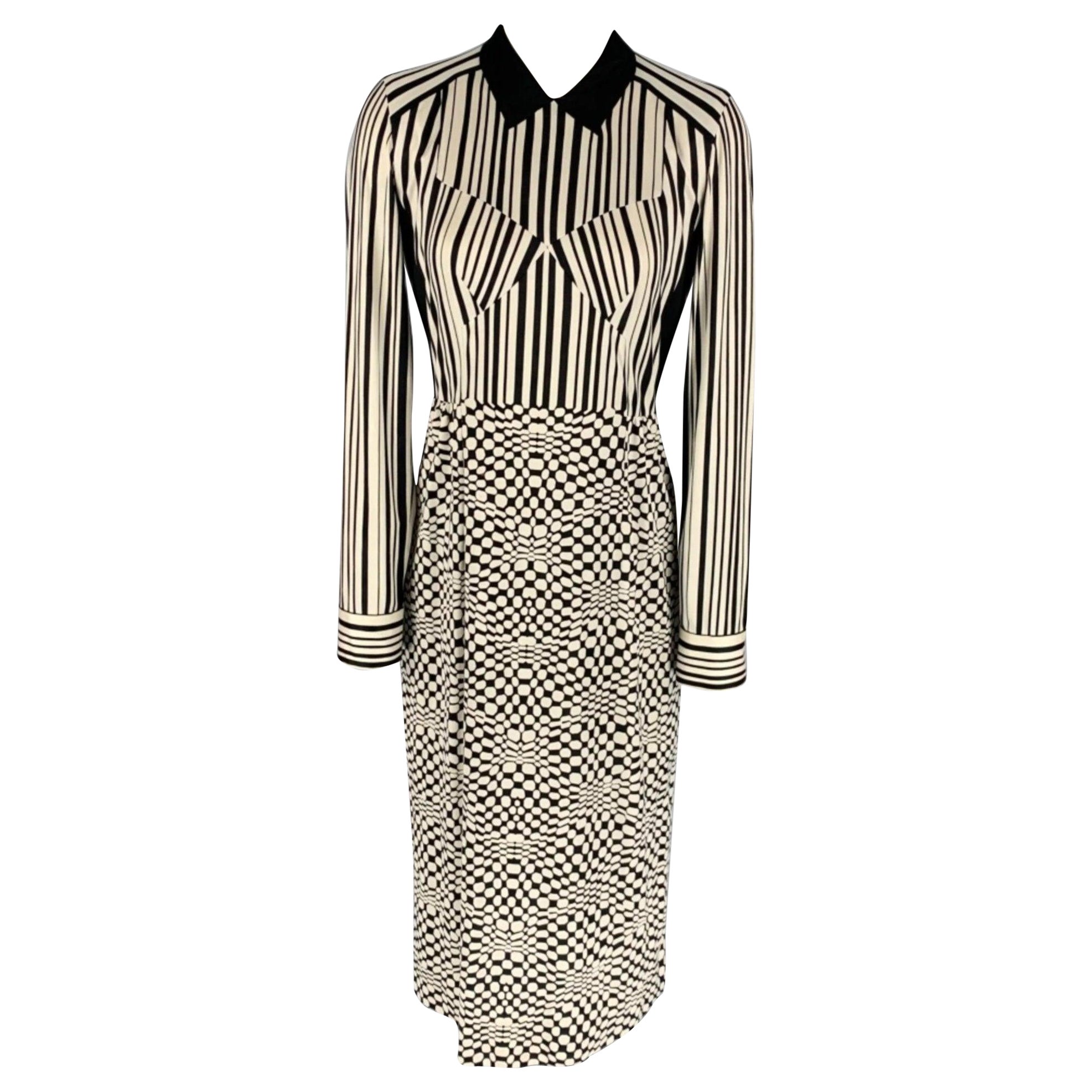 MARC JACOBS Talla 2 Negro Blanco Seda Gráfico Vestido Midi Manga Larga en venta