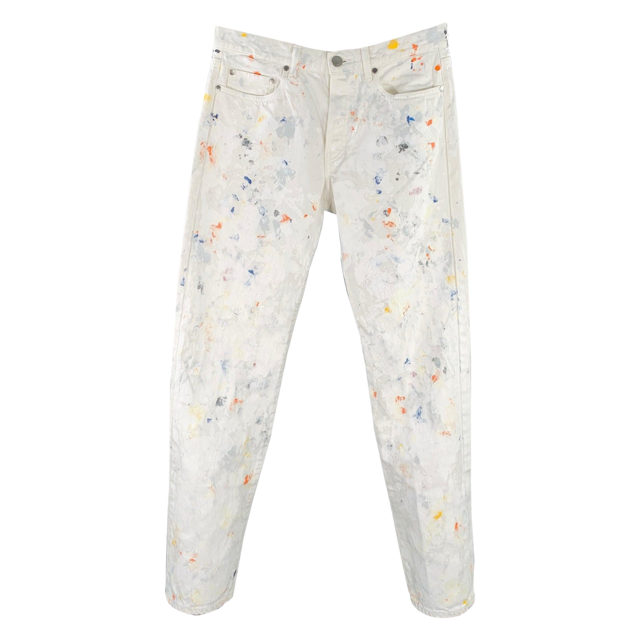 JOHN ELLIOTT Größe 30 Weiß Mehrfarbige Splatter Baumwoll-Fly Jeans mit Knopfleiste aus Baumwolle