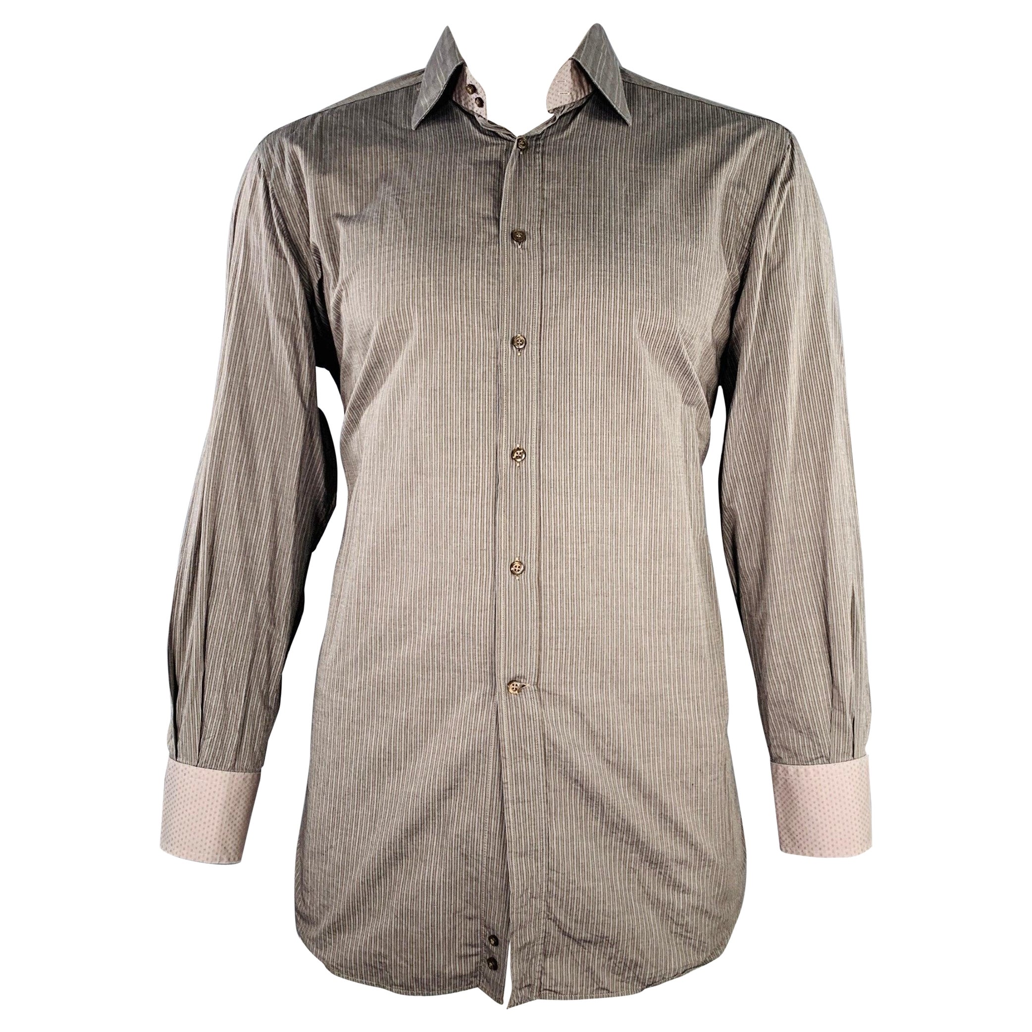ETRO Size 44 Grey Charcoal Stripe Cotton Curved Cutaway Long Sleeve Shirt For Sale