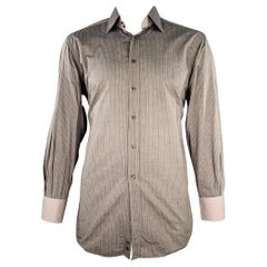ETRO, chemise à manches longues en coton à rayures grises anthracite et découpes incurvées, taille 44