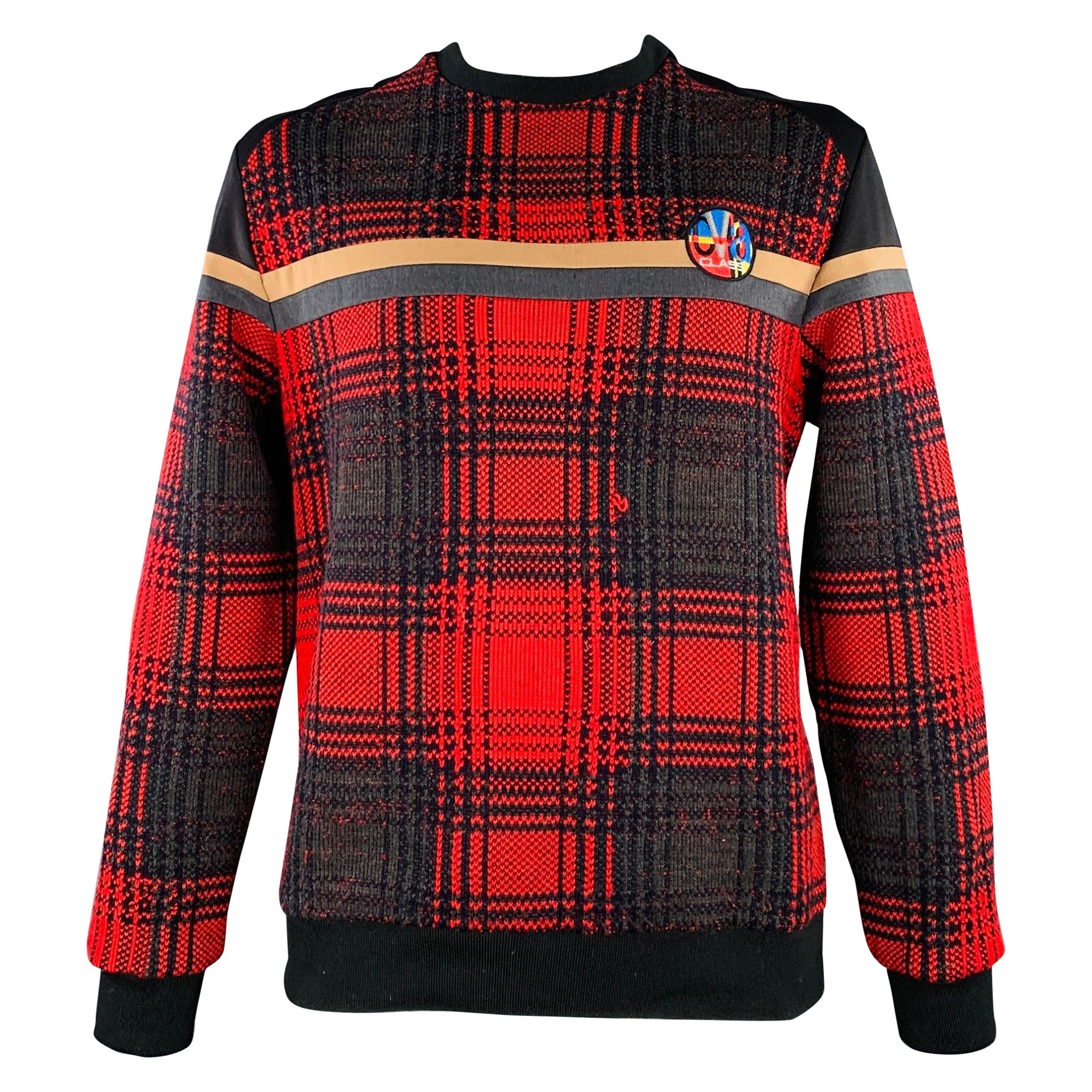 ROBERTO CAVALLI Size XL Black Red Plaid Polyester Blend Sweatshirt Pullover For Sale