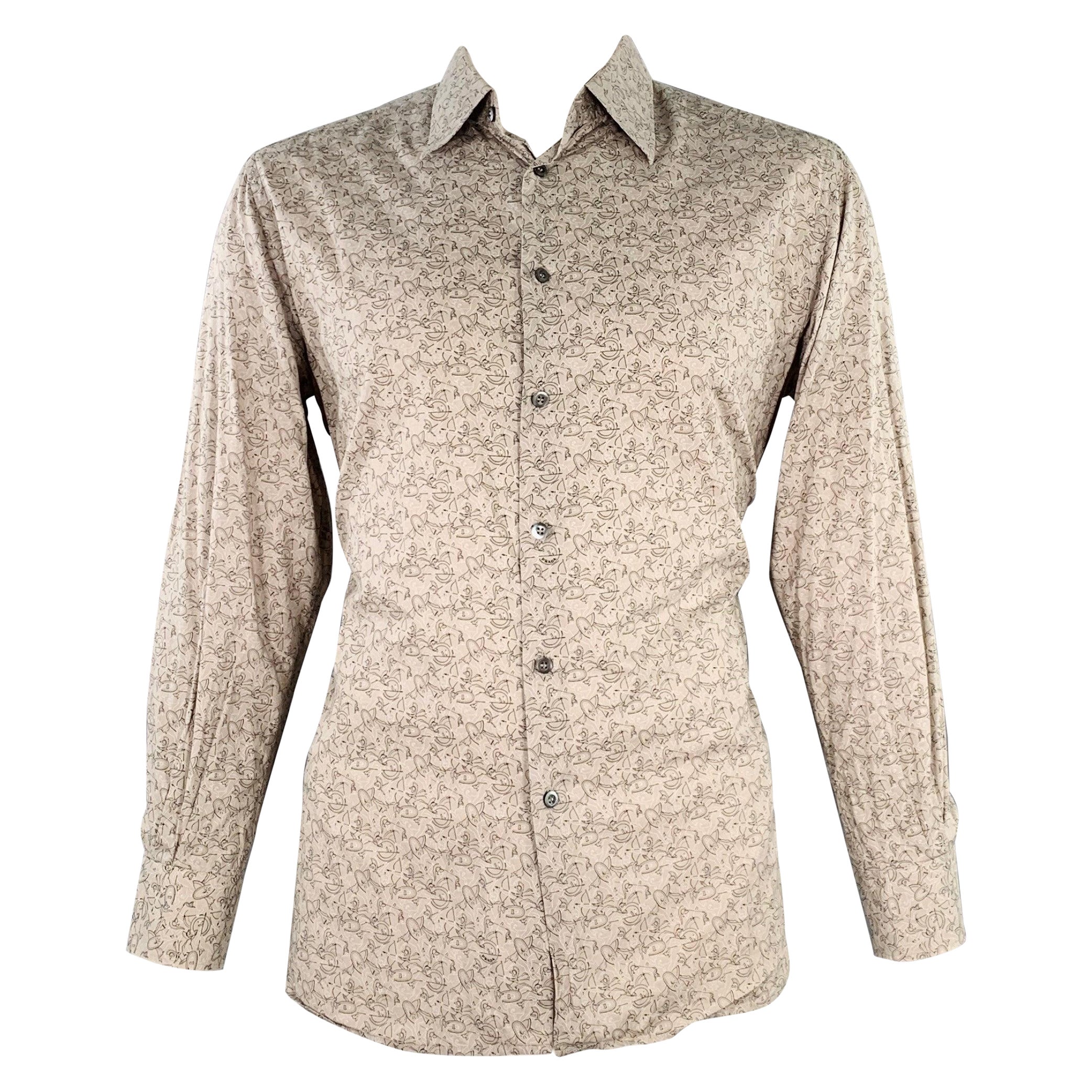 PRADA Size XL Taupe Black Print Cotton Spread Collar Long Sleeve Shirt