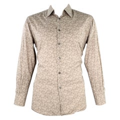 PRADA Size XL Taupe Black Print Cotton Spread Collar Long Sleeve Shirt