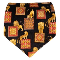 SALVATORE FERRAGAMO Black Gold Burgundy Animals Silk Tie