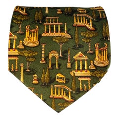 SALVATORE FERRAGAMO Gold Dark Green Greek Architecture Silk Tie